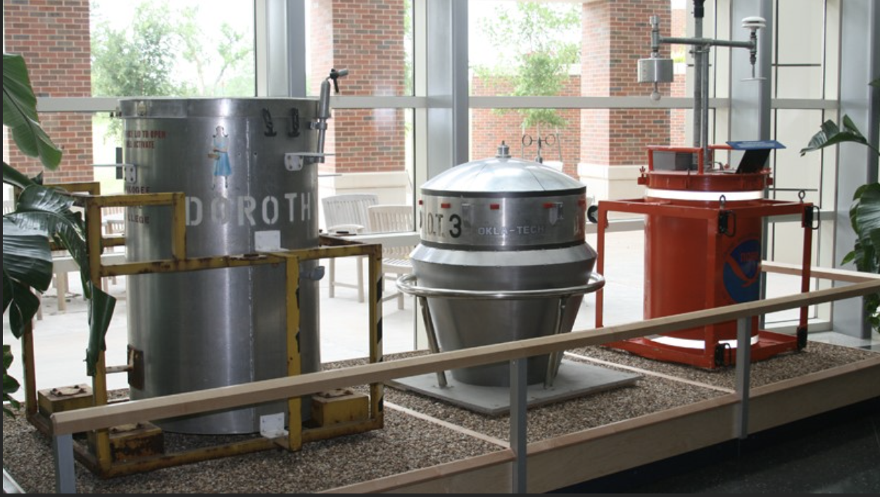 TOTO, a red 55-gallon barrel outfitted with weather sensors, was used by NOAA researchers to study tornadoes. Dorothy and D.O.T.3 are props based on TOTO and were used in the movie “Twister.”