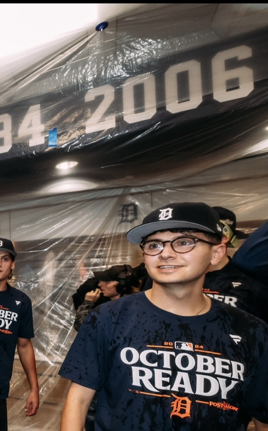 Luke Wagner wearing an October Ready T-Shirt in the Tigers locker room.
