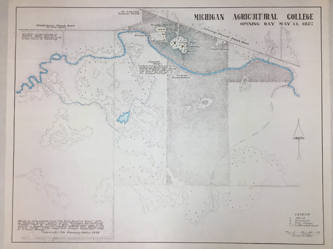 This map shows what the MSU campus would have looked like when classes began in 1857, including the brickyard where bricks for the first building would have been made and the “Indian Encampment” south of the Red Cedar River.