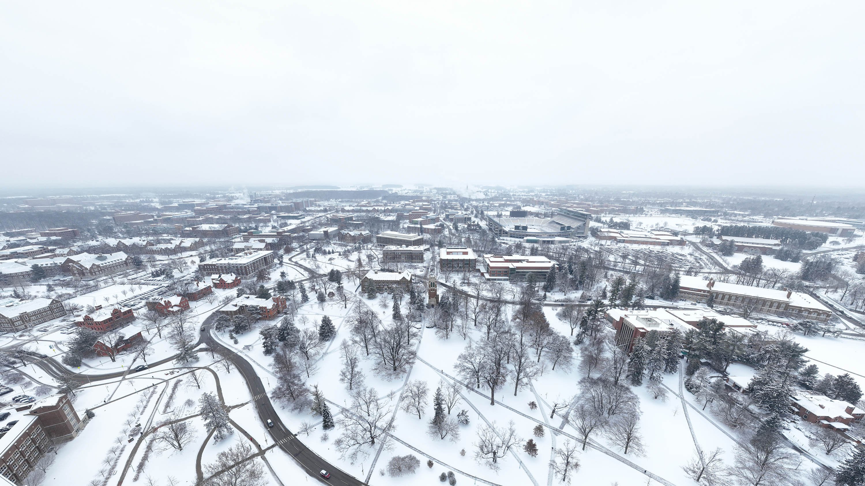 Aerial image of MSU's campus in winter