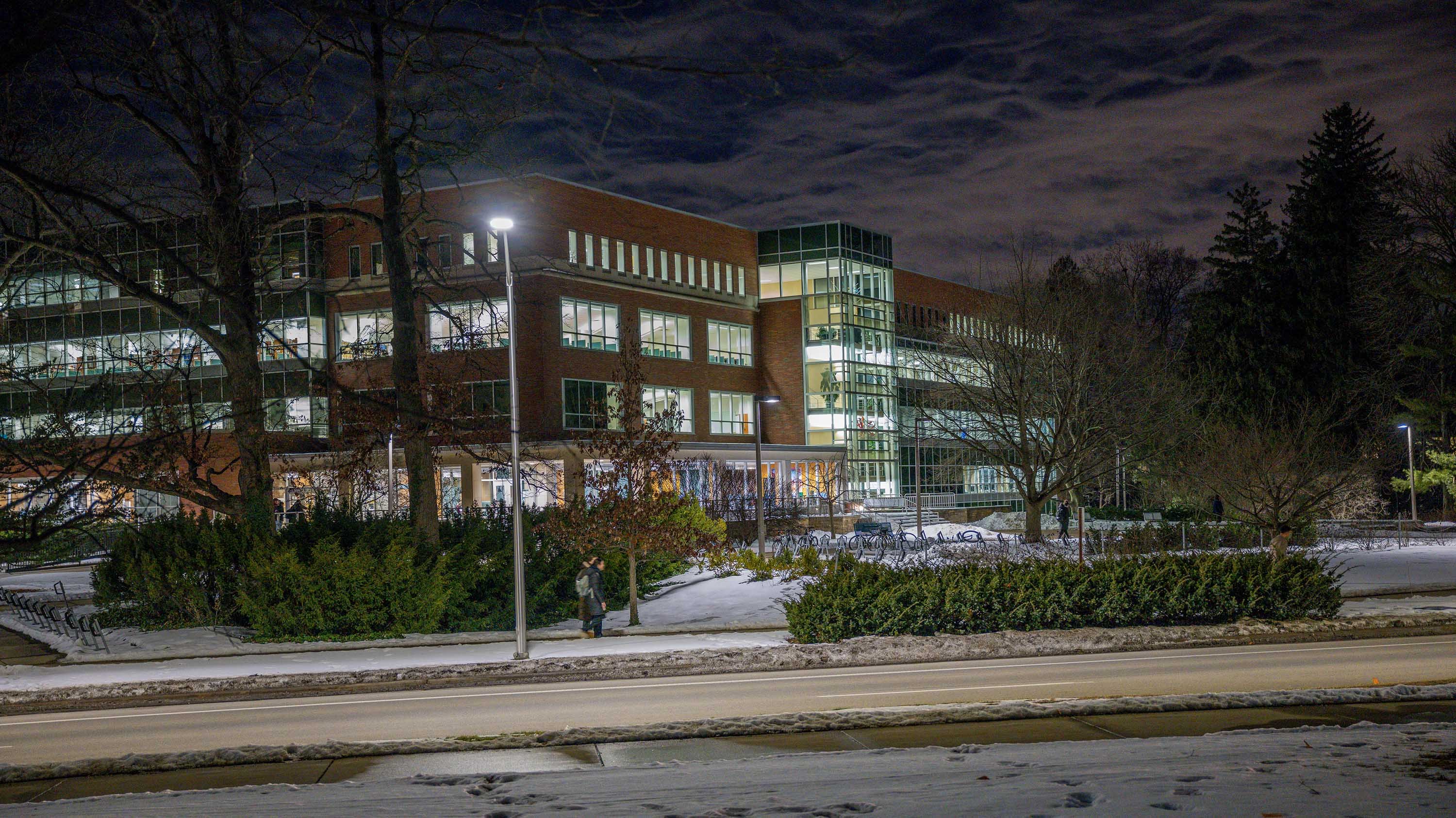 MSU Library at night