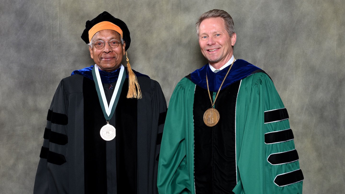 Endowed faculty member Anil Jain with MSU President Kevin Guskiewicz.