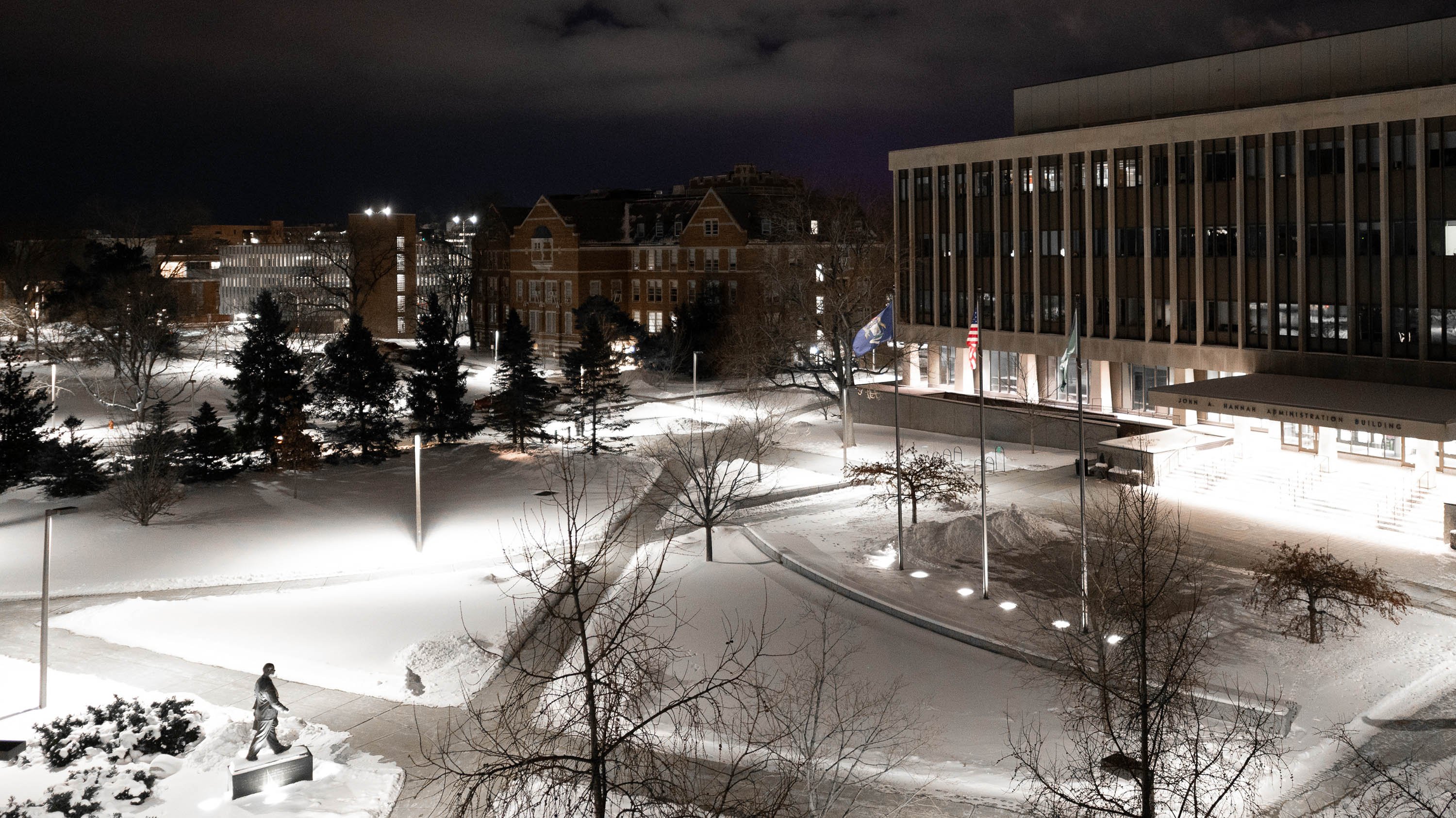 MSU Hannah Plaza at night