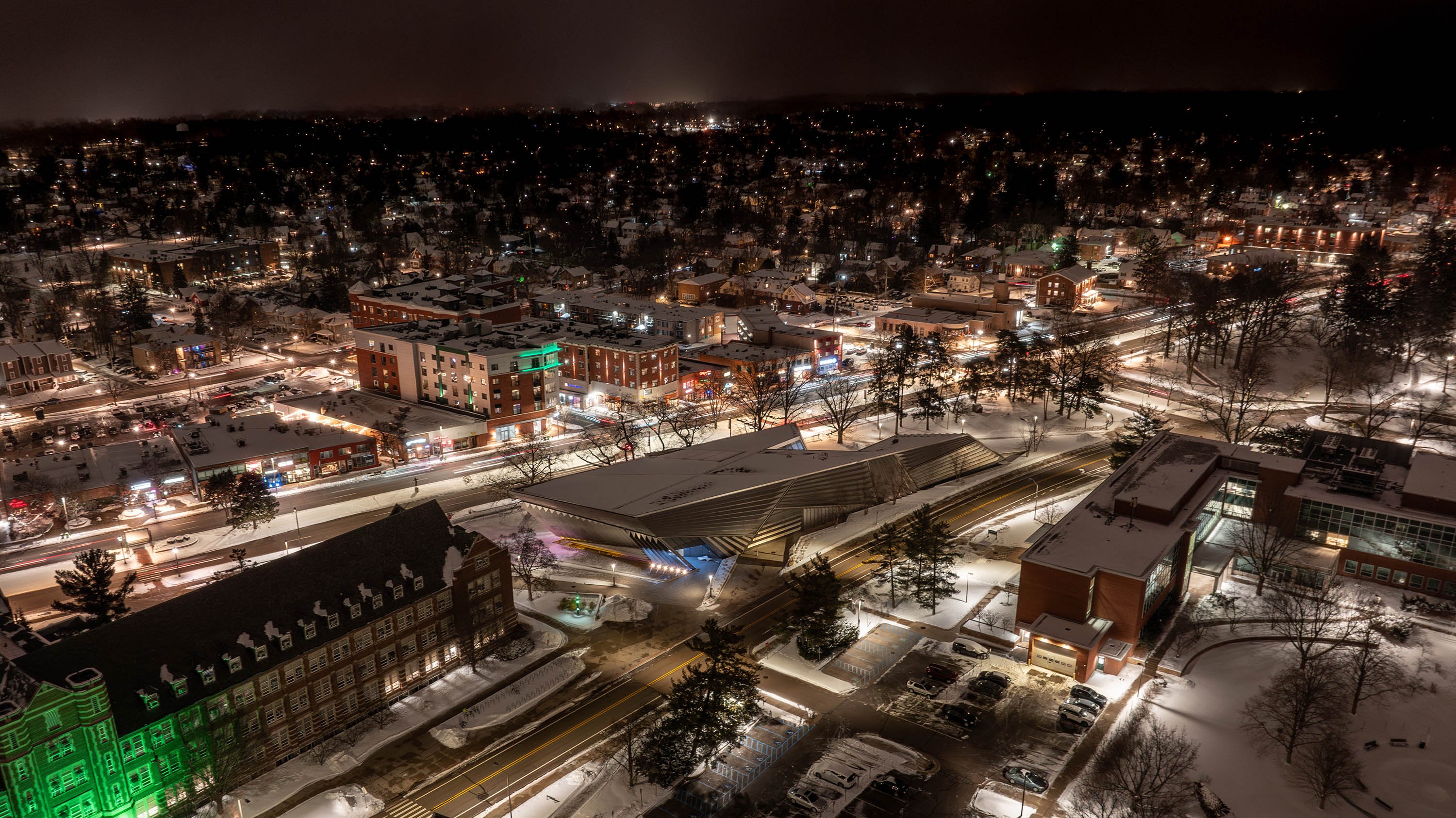 MSU campus and downtown East Lansing at night