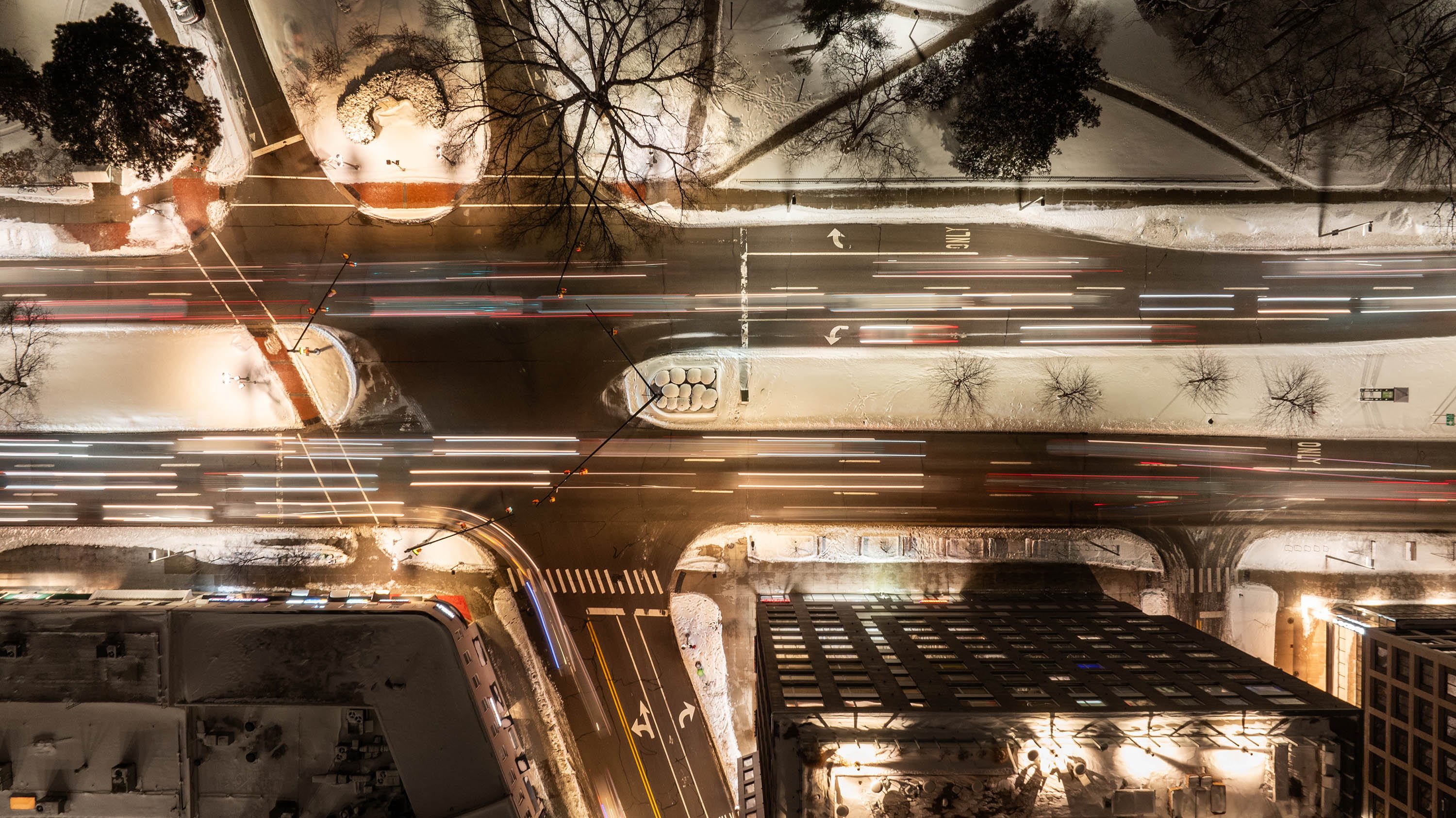 Long exposure image of cars on Grand River Ave. at night