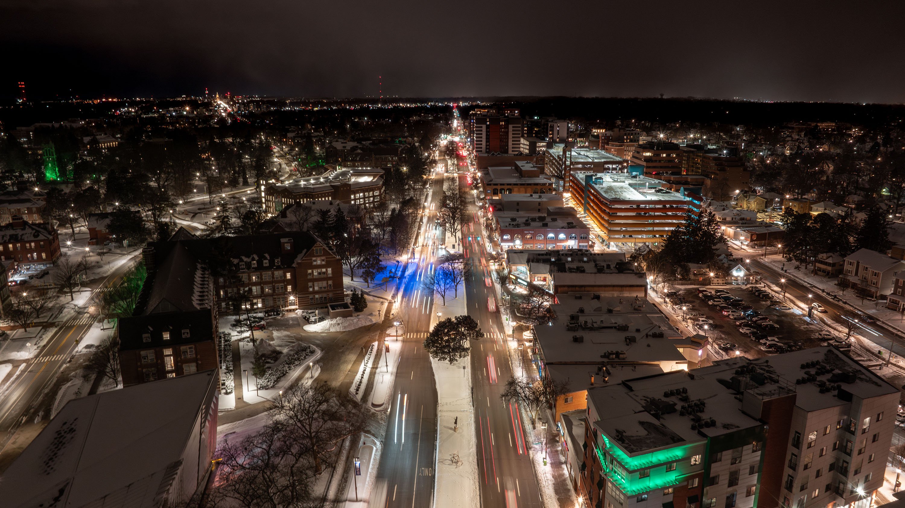 MSU and downtown East Lansing at night