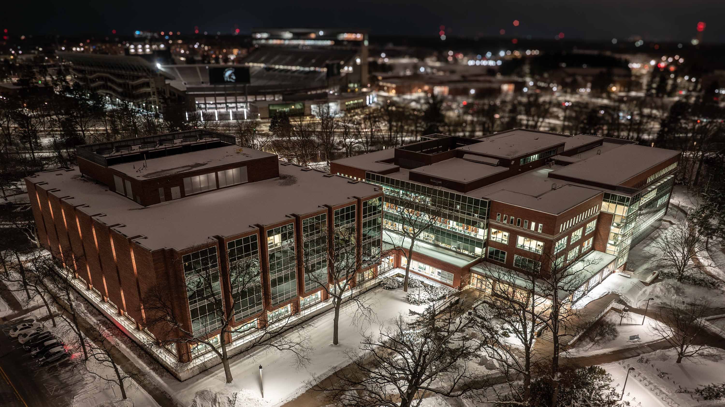 MSU Main Library seen from above at night