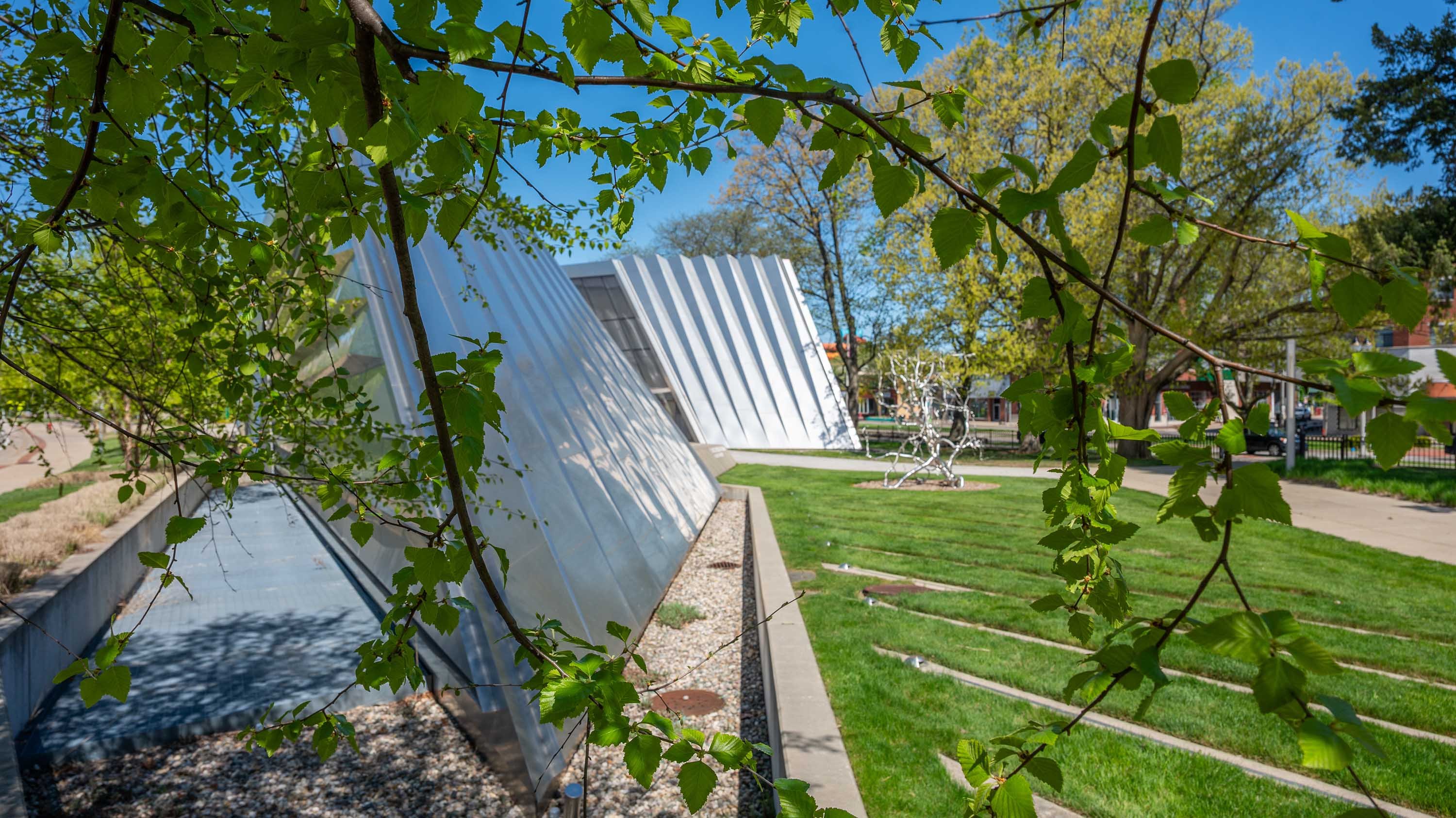 MSU Broad Art Museum framed by leaves