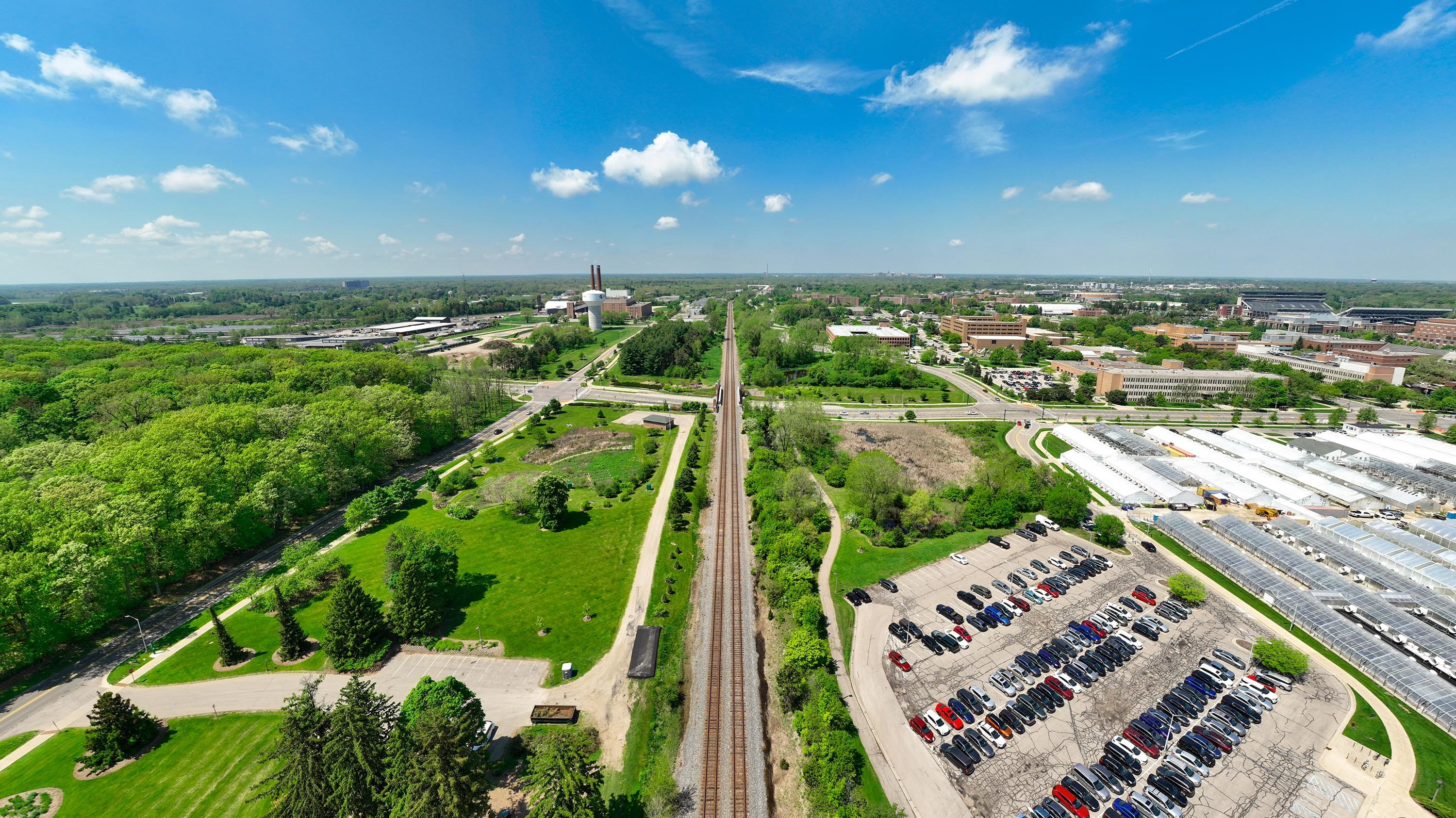 Aerial view of MSU greenhouses and Baker Woodlot