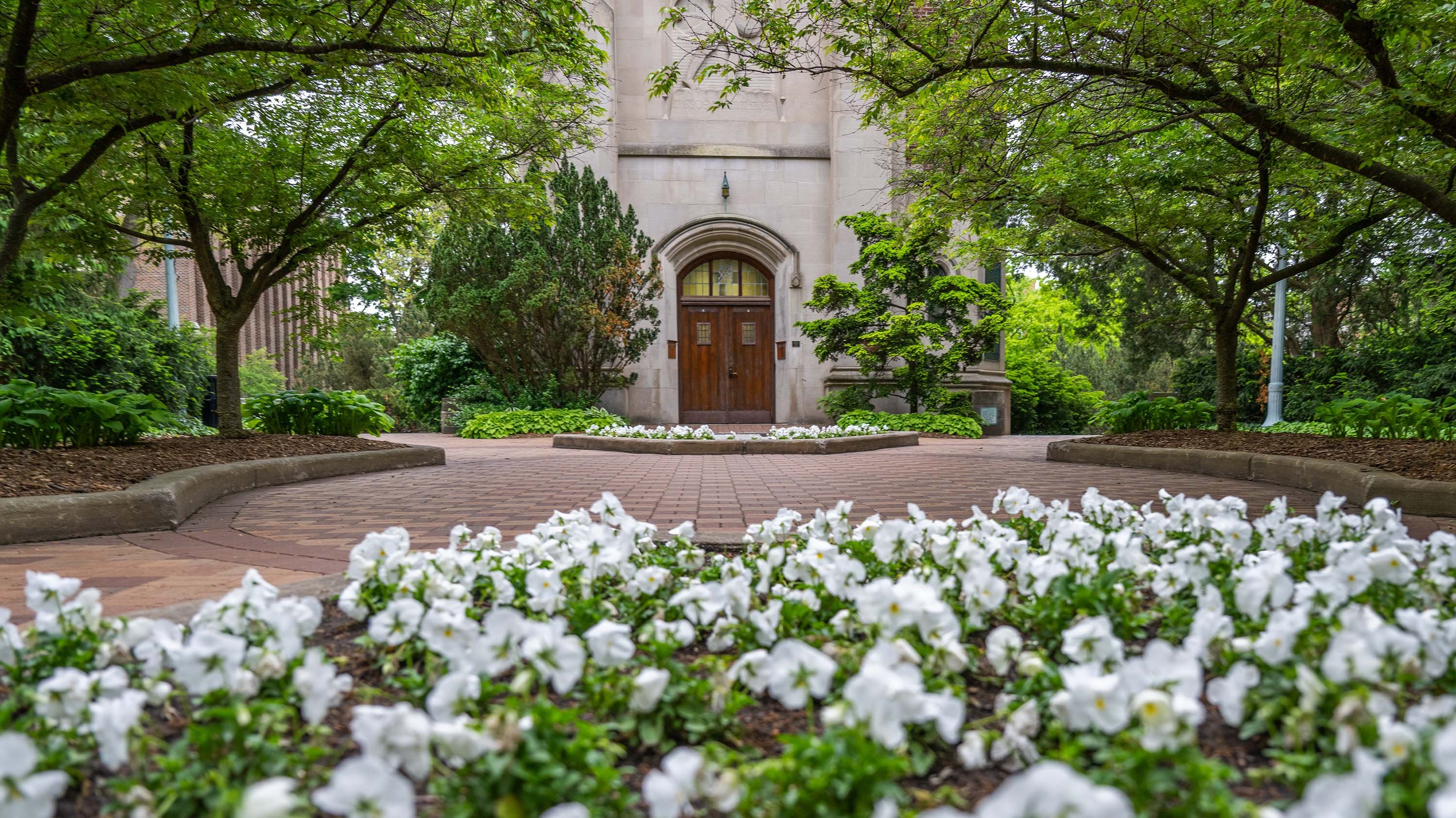 Flowers in front of Beaumont Tower