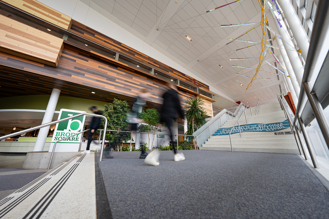 Stairs leading to the Brody dining hall.