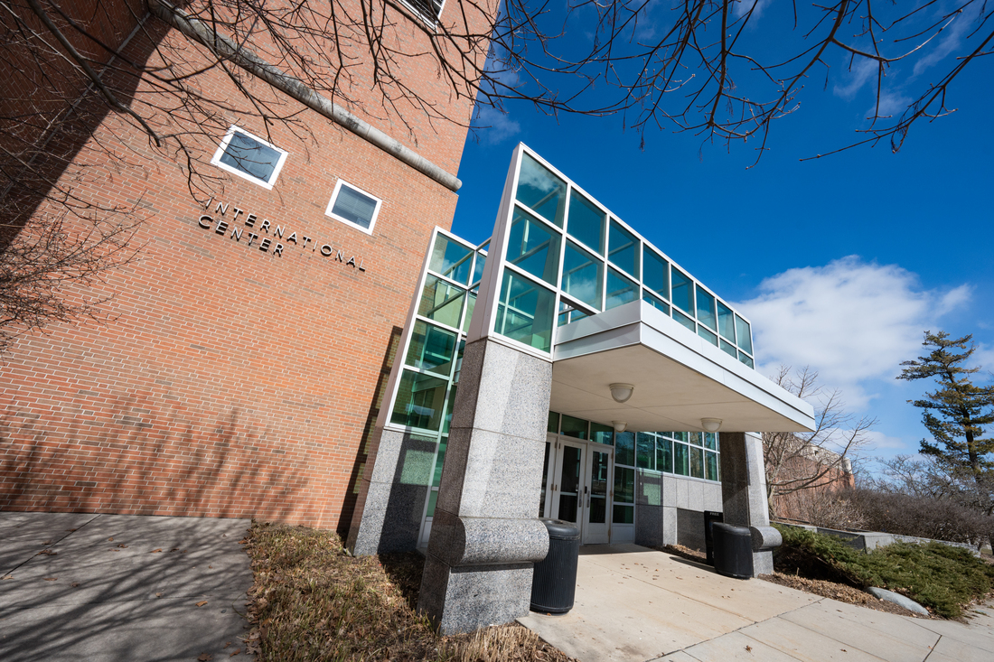 An exterior shot of the International Center on a clear day.
