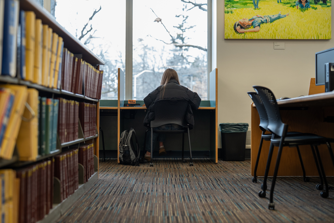 Interior shot of a person sitting at a desk in the MSU Main Library.