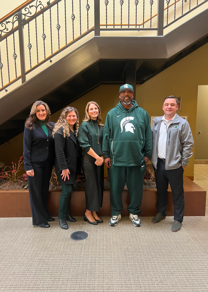 Prevent 2 Protect leaders for the Ingham County program include (from left): Mary Gebara, case manager; Danielle Murphy, project manager; Alyse Folino Ley, program director; Jay Greene, mentor; and Ellery Sosebee, law enforcement liaison.