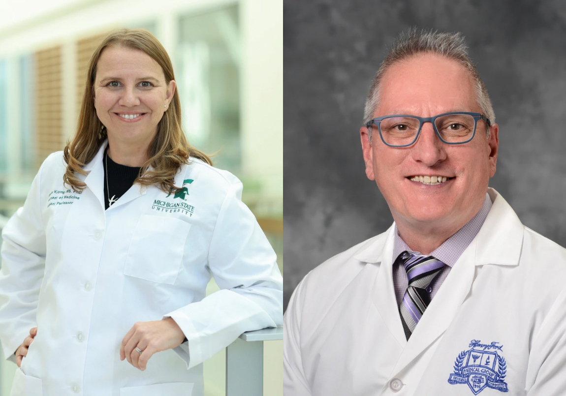 Two photos side by side, the left photo is of a woman smiling and posing in a Michigan State University lab coat and the photo on the right is a portrait of a man wearing glasses and a lab coat over a purple shirt and tie