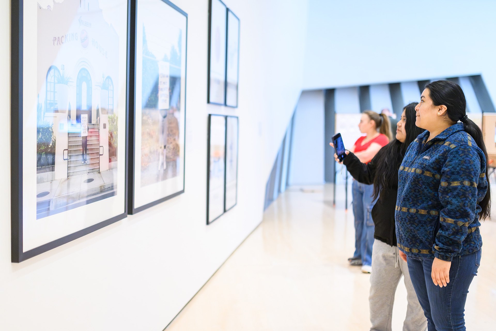 art museum visitors look at a wall with framed photos