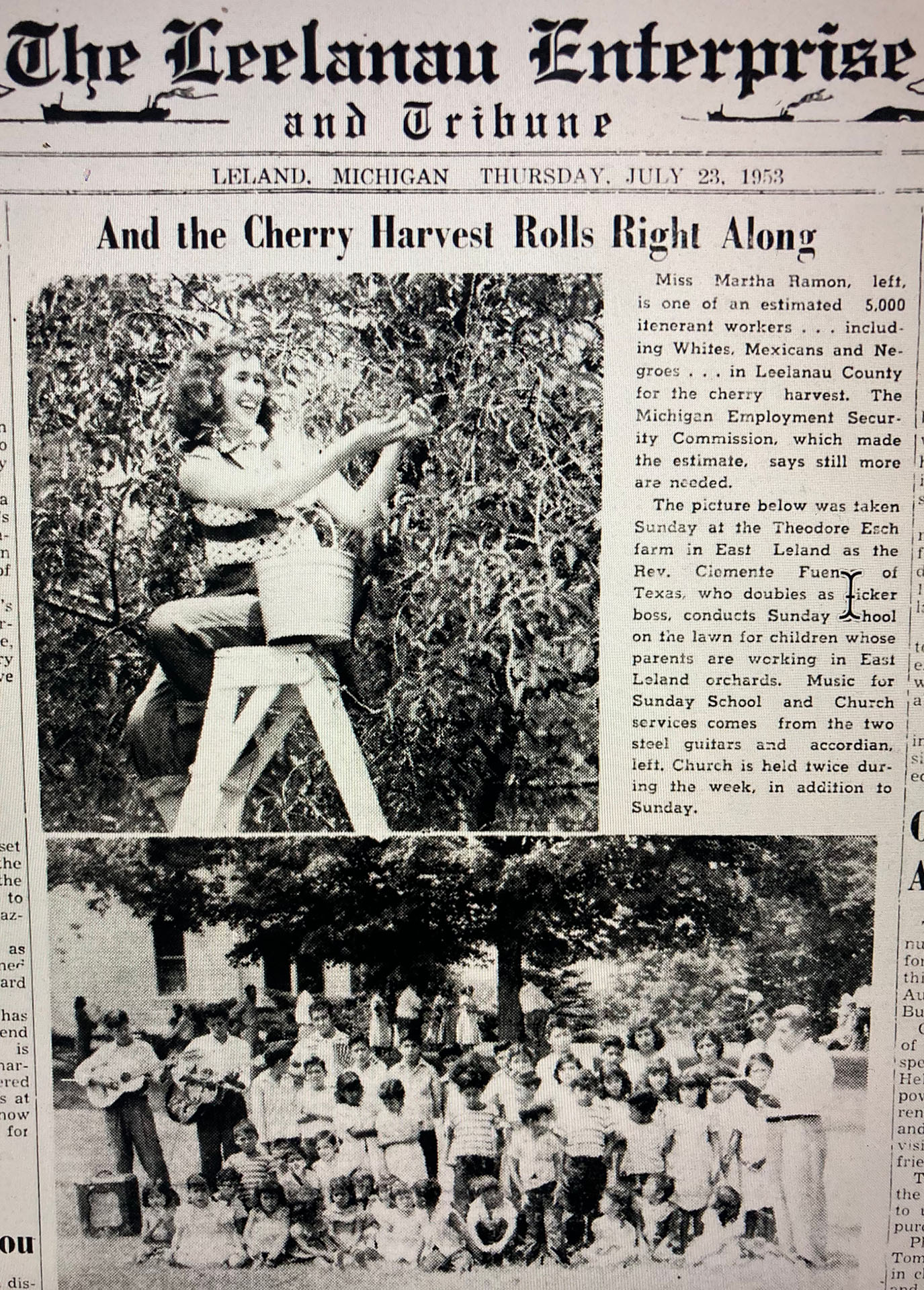 Leelanau Tribute newspaper clipping showing harvest cherries and a church performers