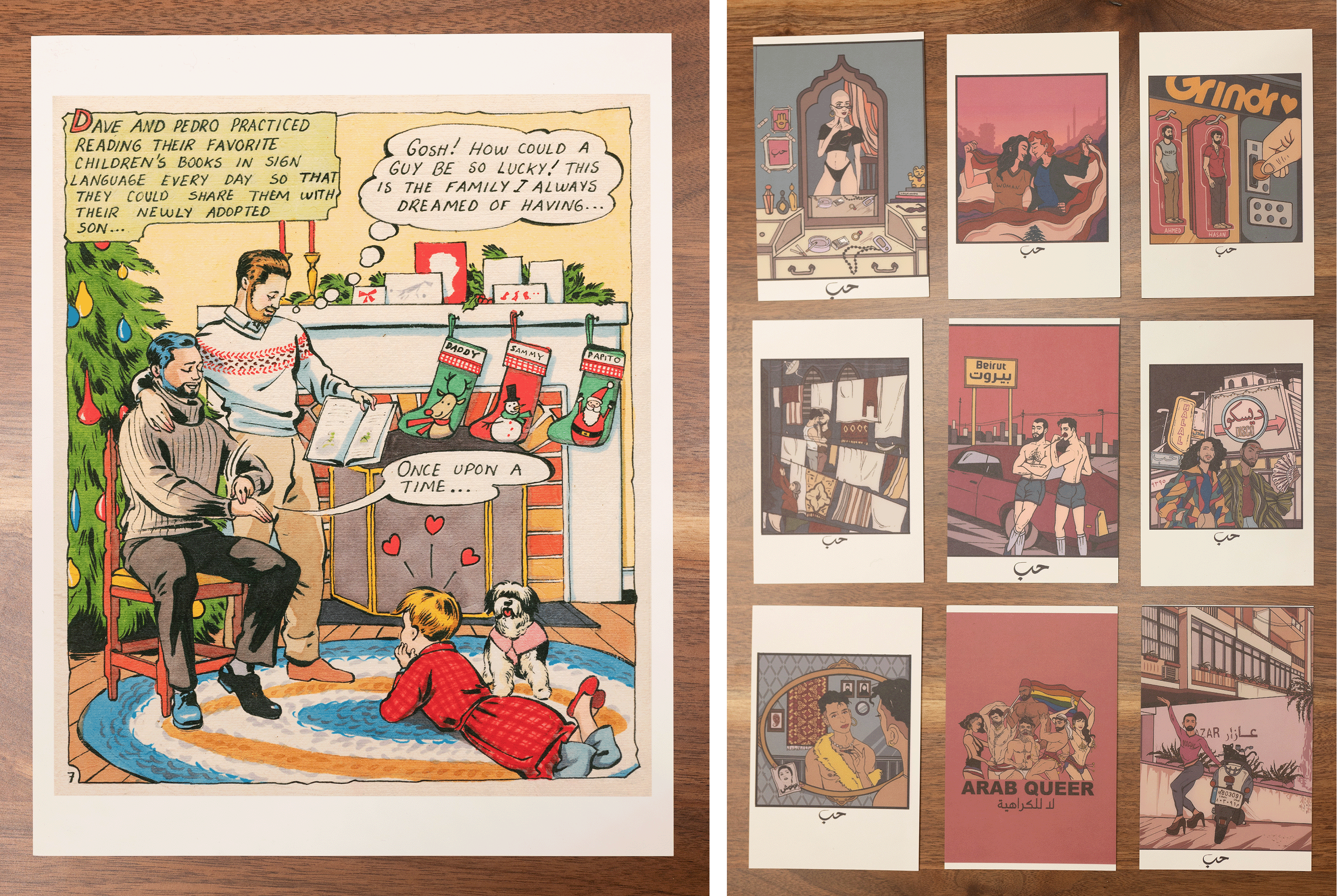 A collection of comic book-style illustrations and postcards. The illustrations depict scenes of two men reading to a child, a couple kissing, and a group of friends. Some of the postcards feature phrases like 'Once Upon a Time' and 'Arab Queer.'