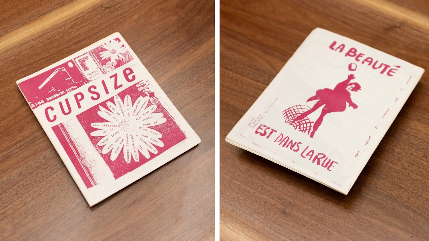 Two images next to one another showing the front and back of a zine with red ink on white paper. The cover of the magazine, CUPSIZE is written in all caps as illustrations in white and pink of abstract flowers fill out the rest of the cover. The back of the magazine reads 'LA BEAUT?' with an illustration of a woman throwing a piece of bread. The text below the woman reads EST DANS LARUE.