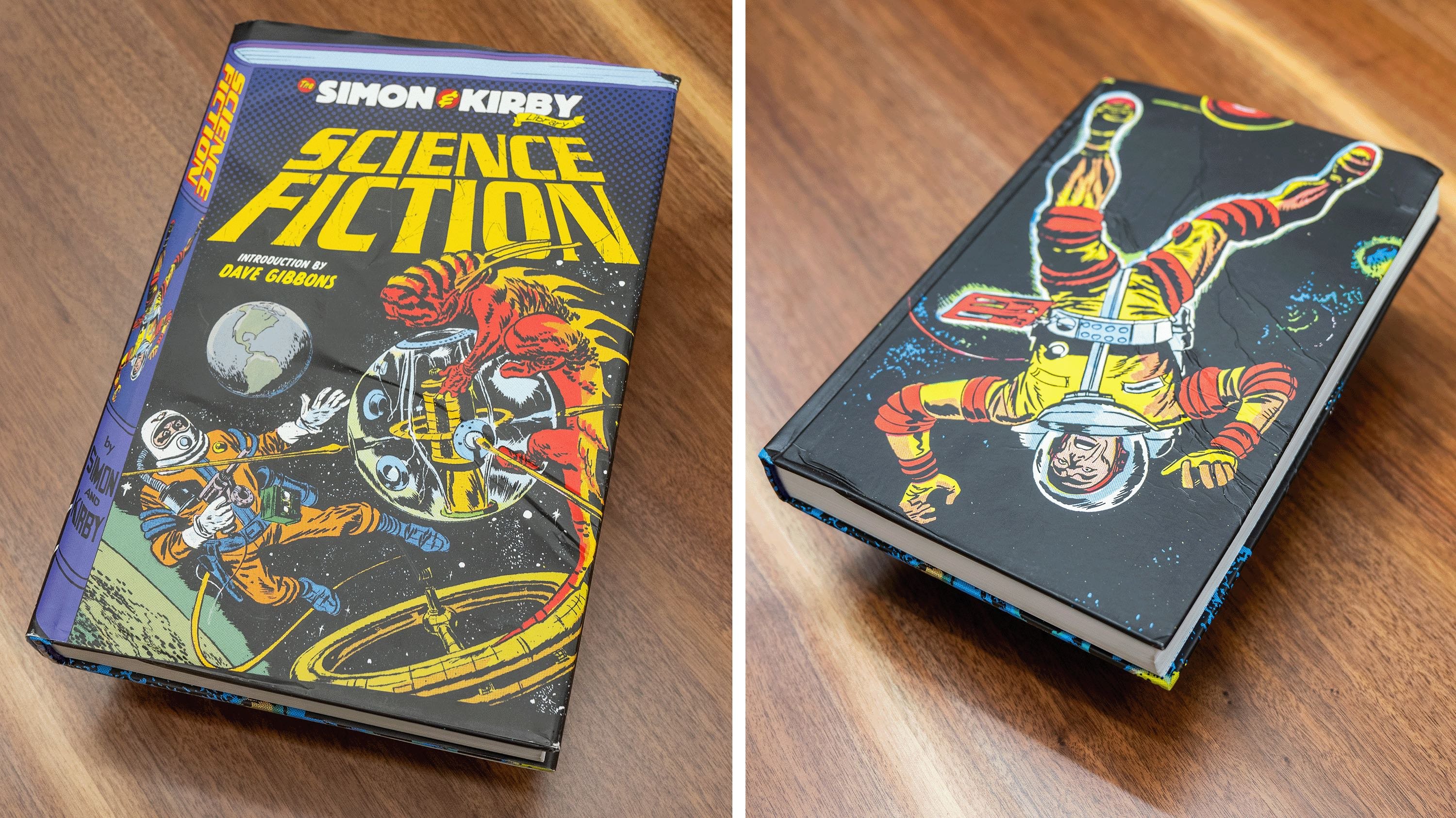 Two photos, the front and back of 'Simon & Kirby: Science Fiction' and the author 'Dave Gibbons.' The cover features a red monster and an astronaut in space. The back shows an astronaut floating in space.