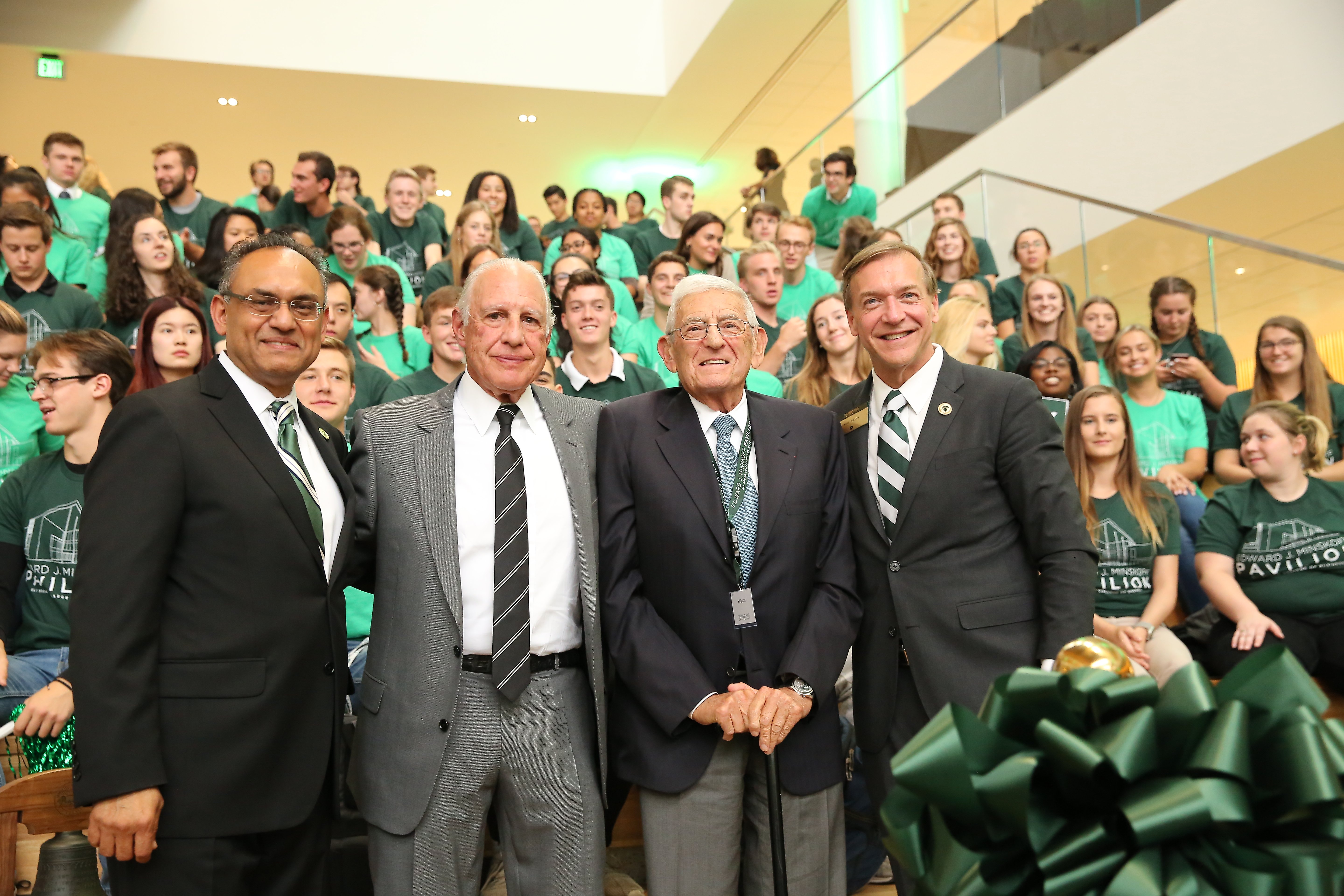 Eli Broad, Edward J. Minskoff, President Stanley and Dean Sanjay Gupta at opening of Edward J. Minskoff Pavilion at the Broad College of Business
