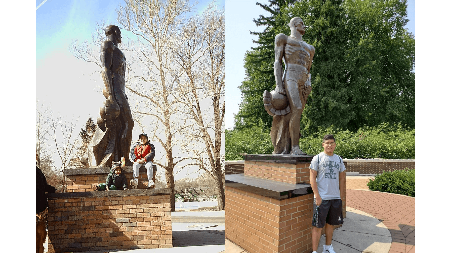 Two images of the Spartan Statue, the first with two young children and the second with a freshman