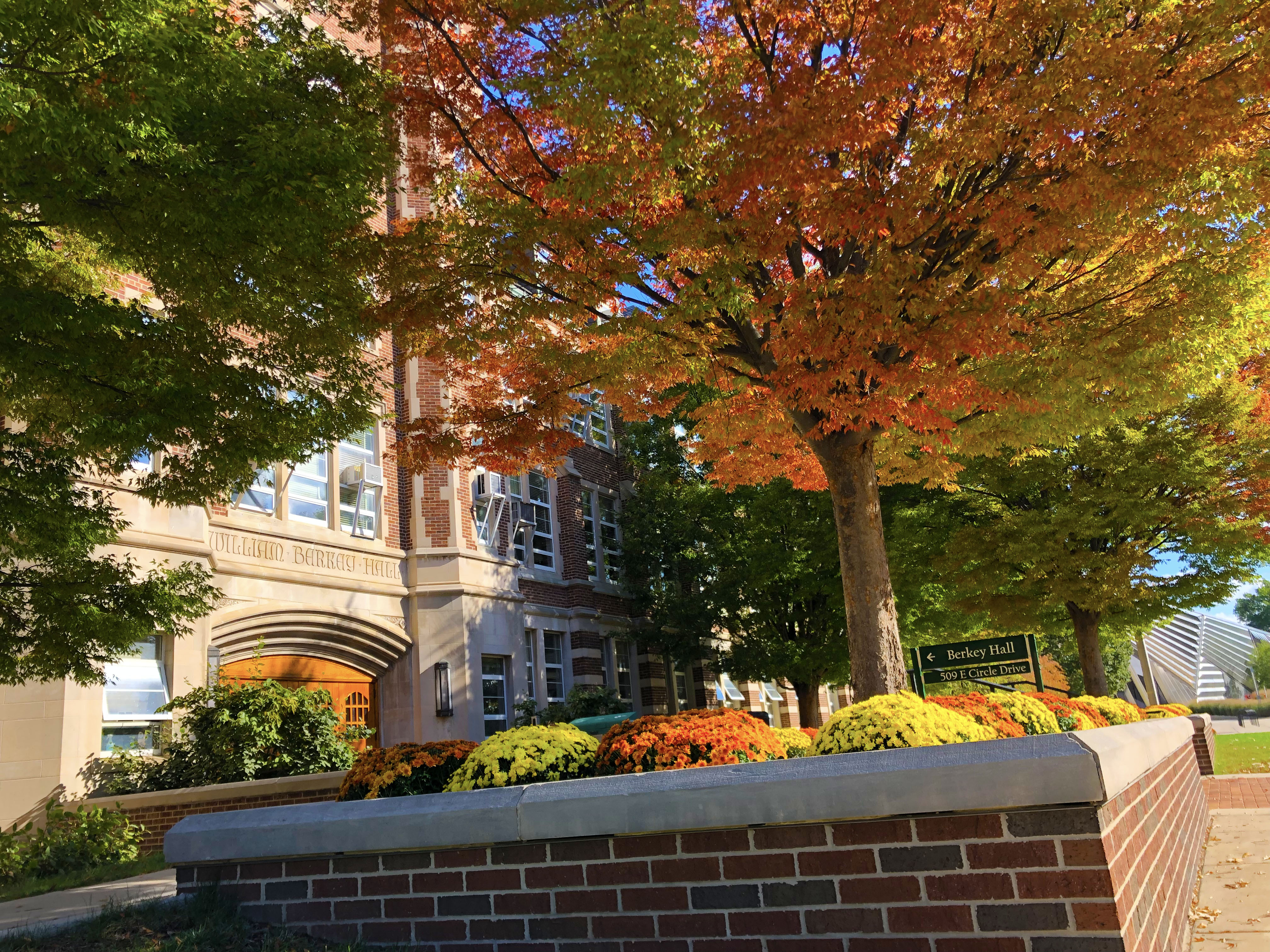 Berkey Hall with fall tree and mums out front. 