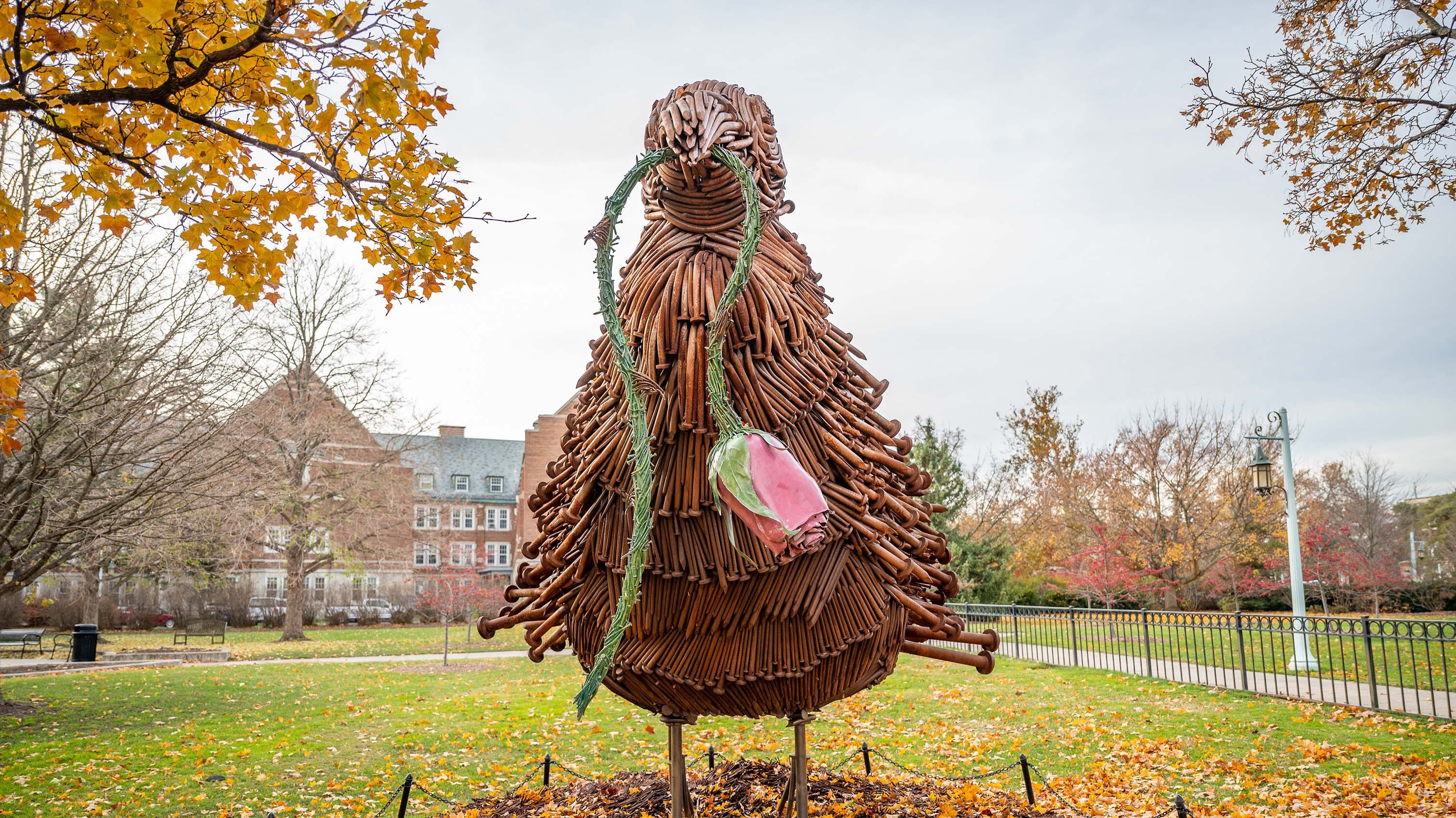 'Bird' sculpture by Will Ryman, Actual and fabricated steel nails, in the Old Horticulture Garden in the Student Services Plaza.