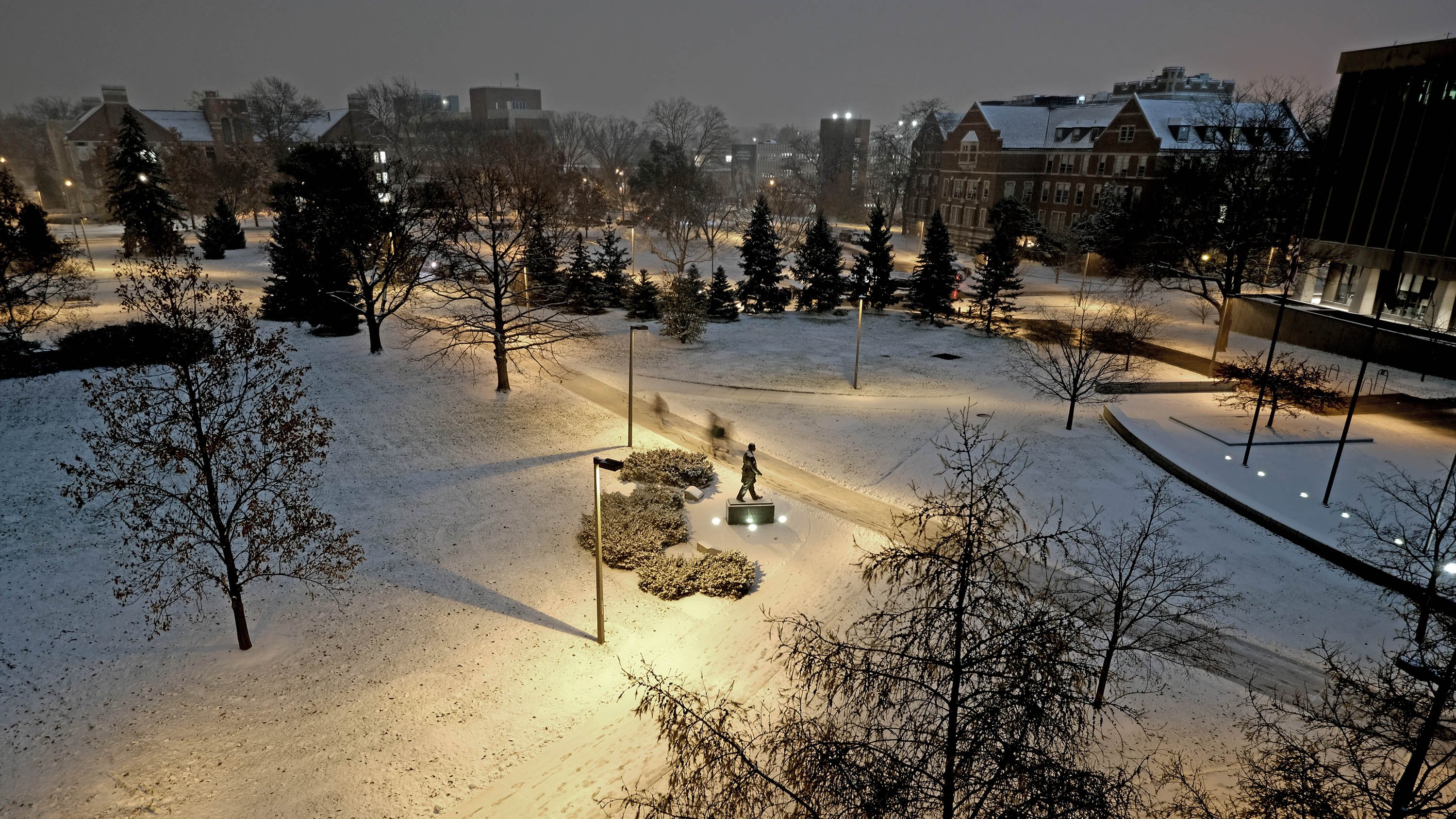 Campus seen from above, covered in snow