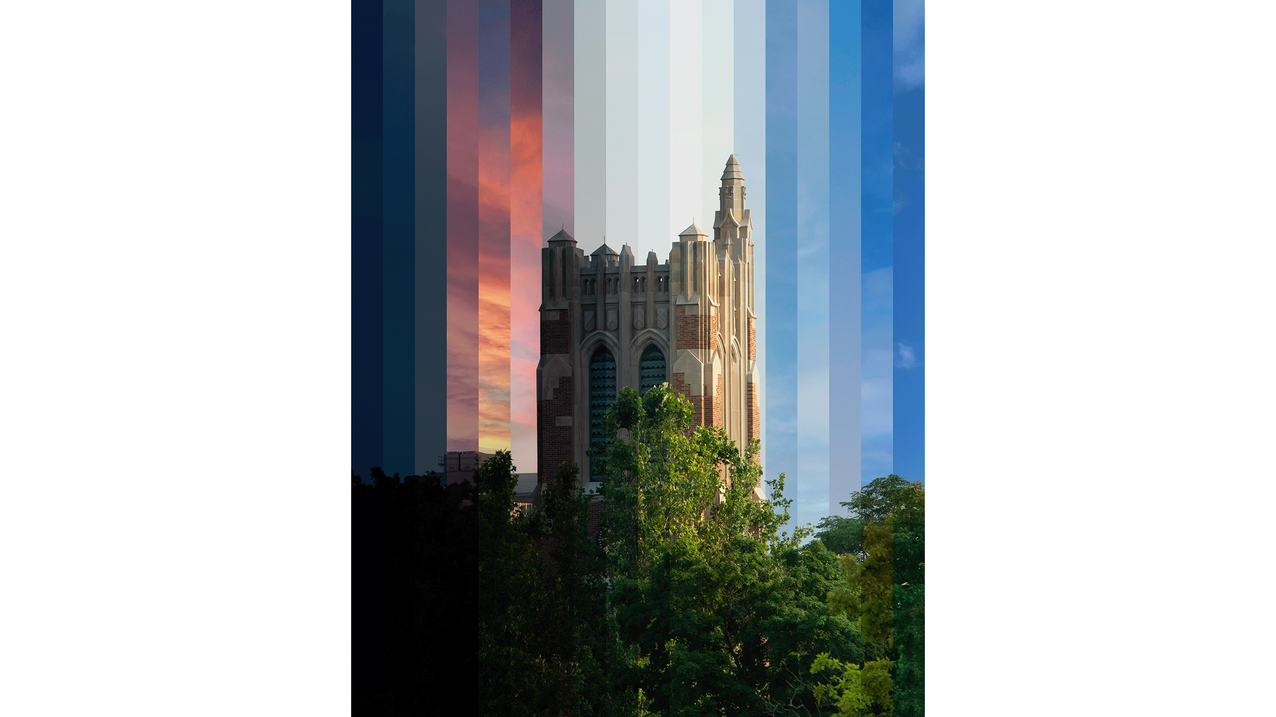 Beaumont tower, with the sky showing slices of different colors and times of day