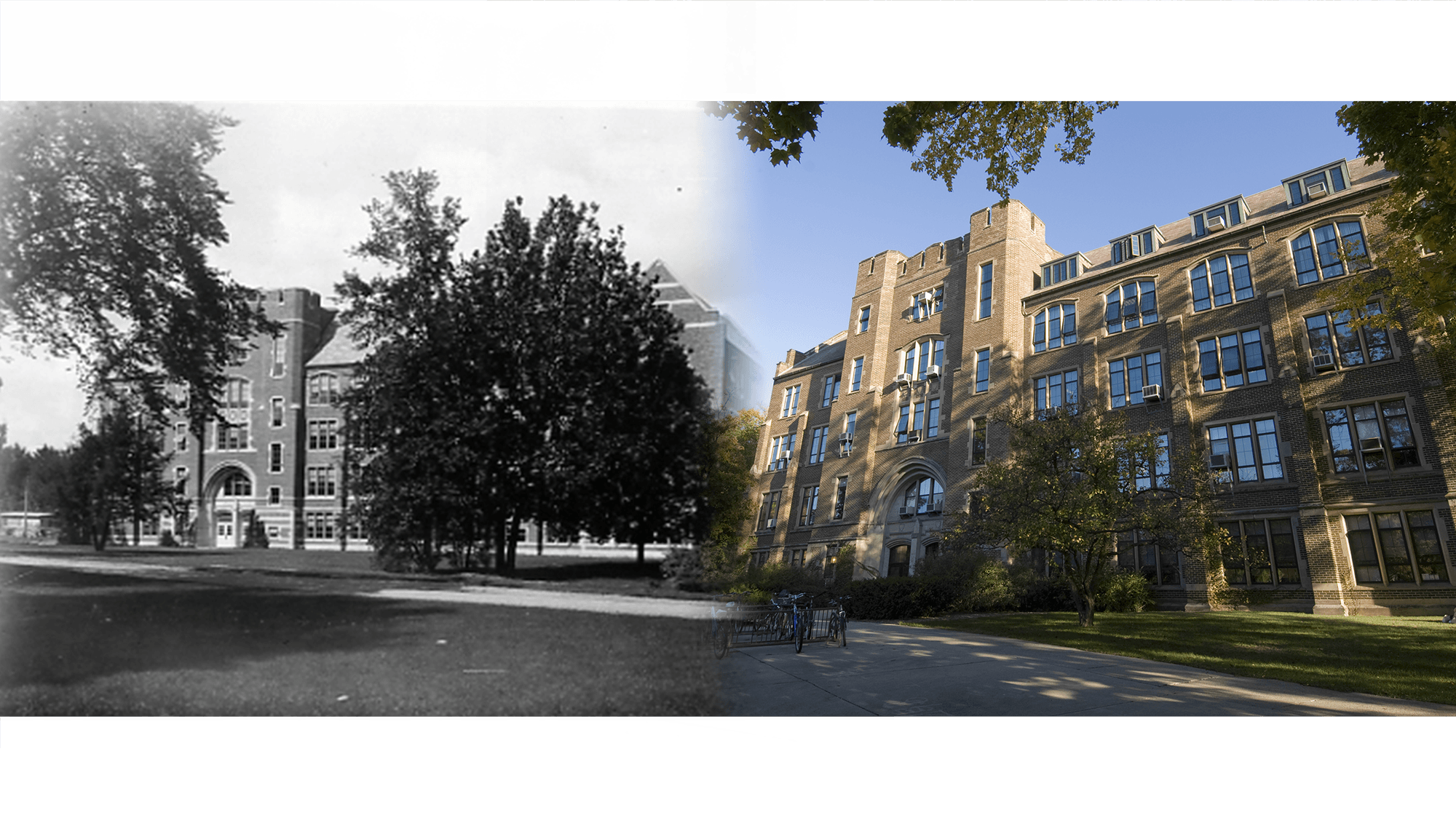 Historical and modern photographs of Human Ecology building