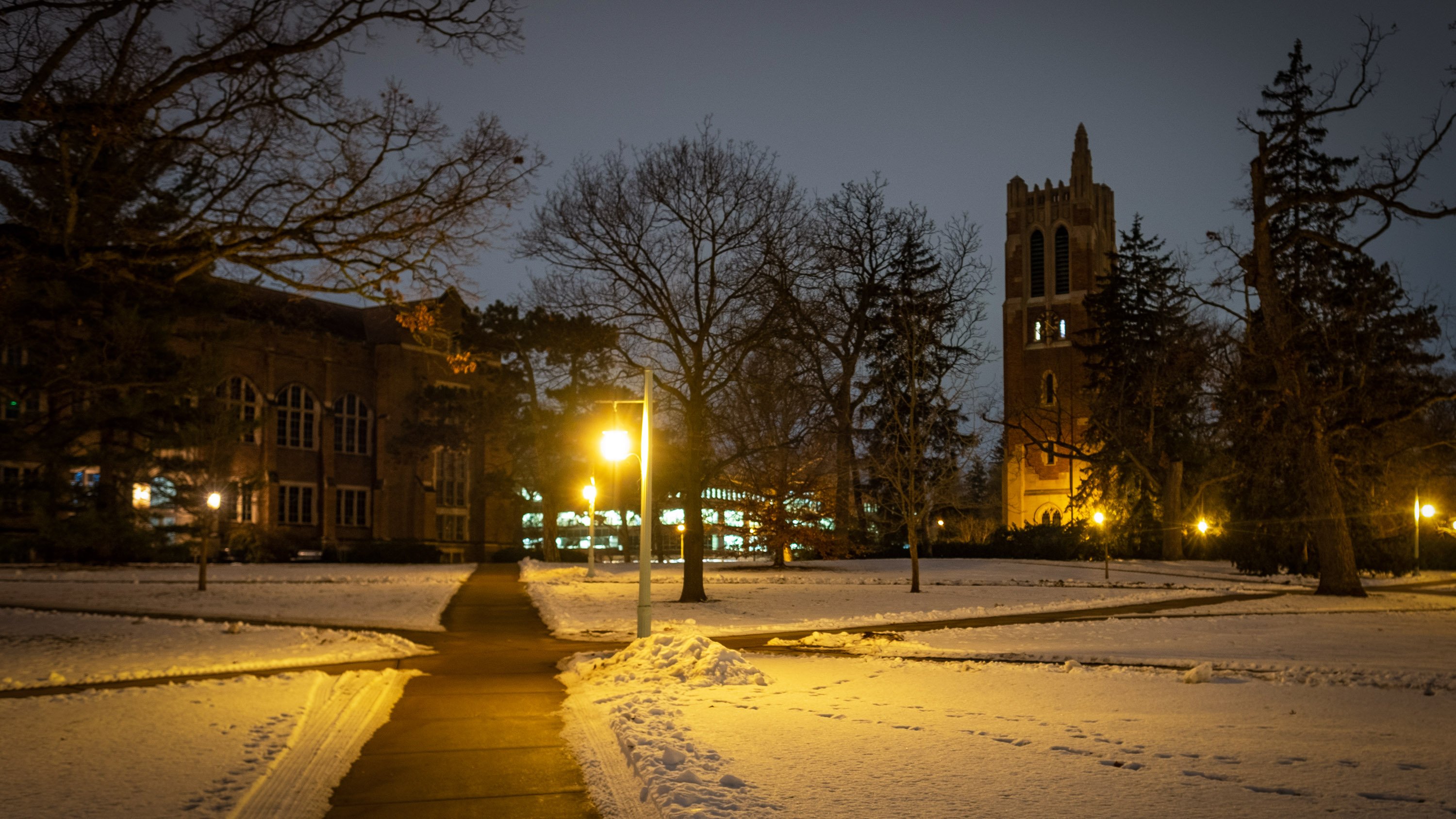 Campus at night, Beaumont Tower in the distance