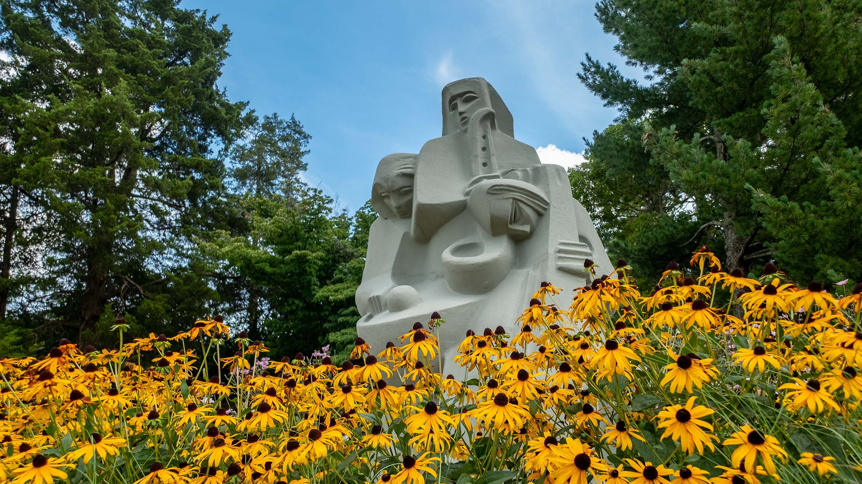 Brown-eyed Susan flowers around the 'Three Musicians' sculpture