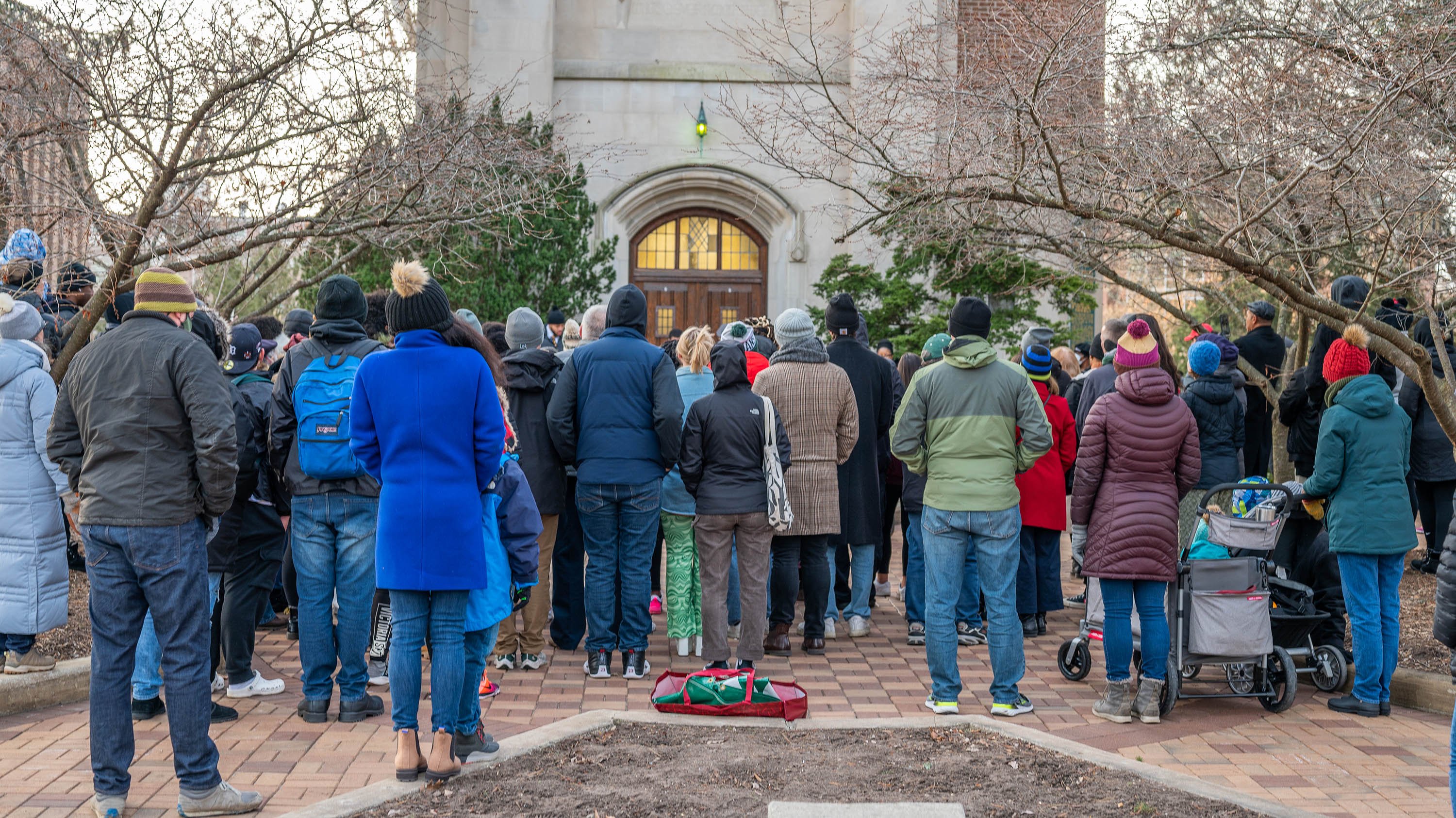 People crowded around Beaumont Tower