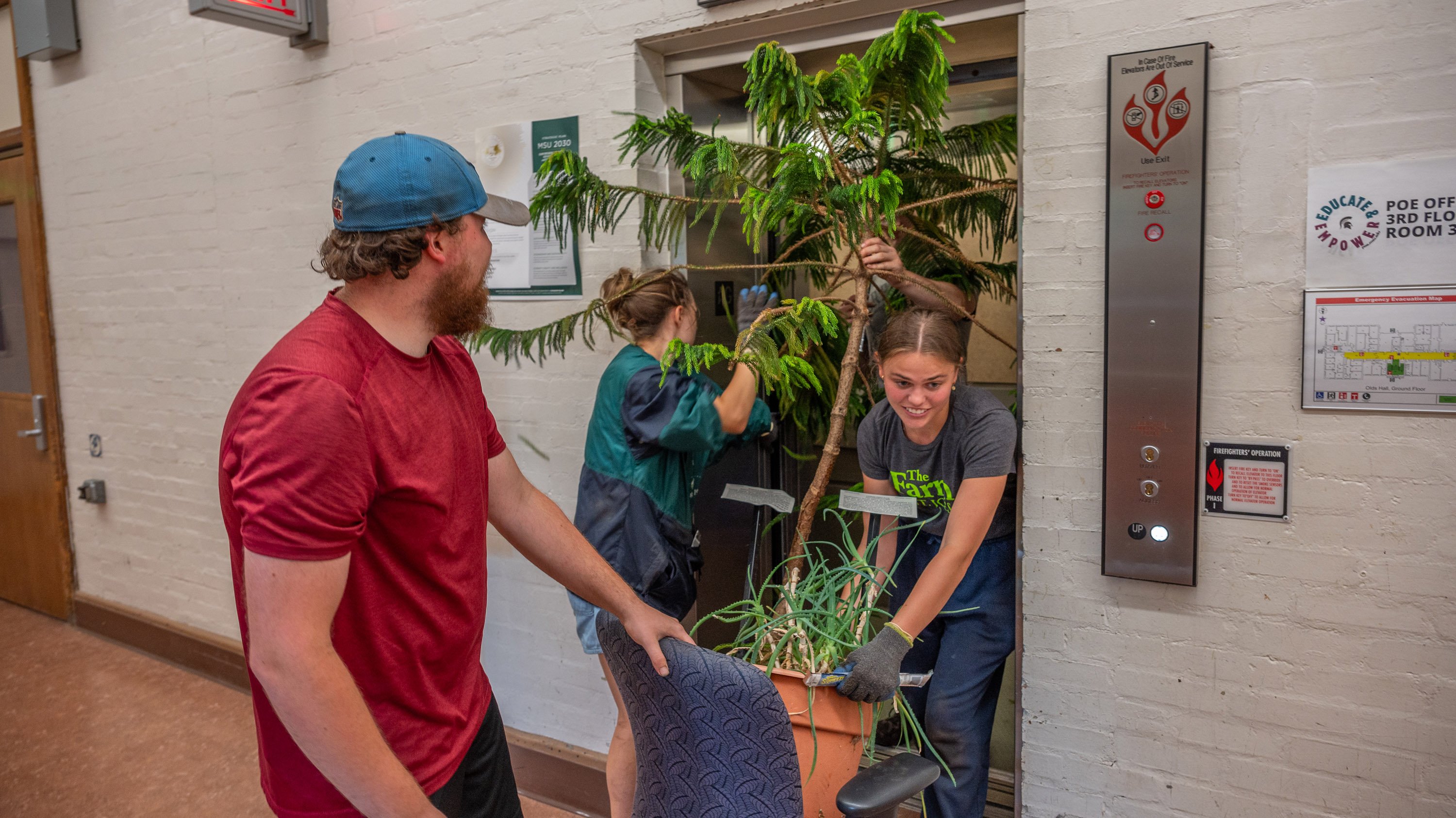 Beal Scholars moving a potted tree out of an elevator