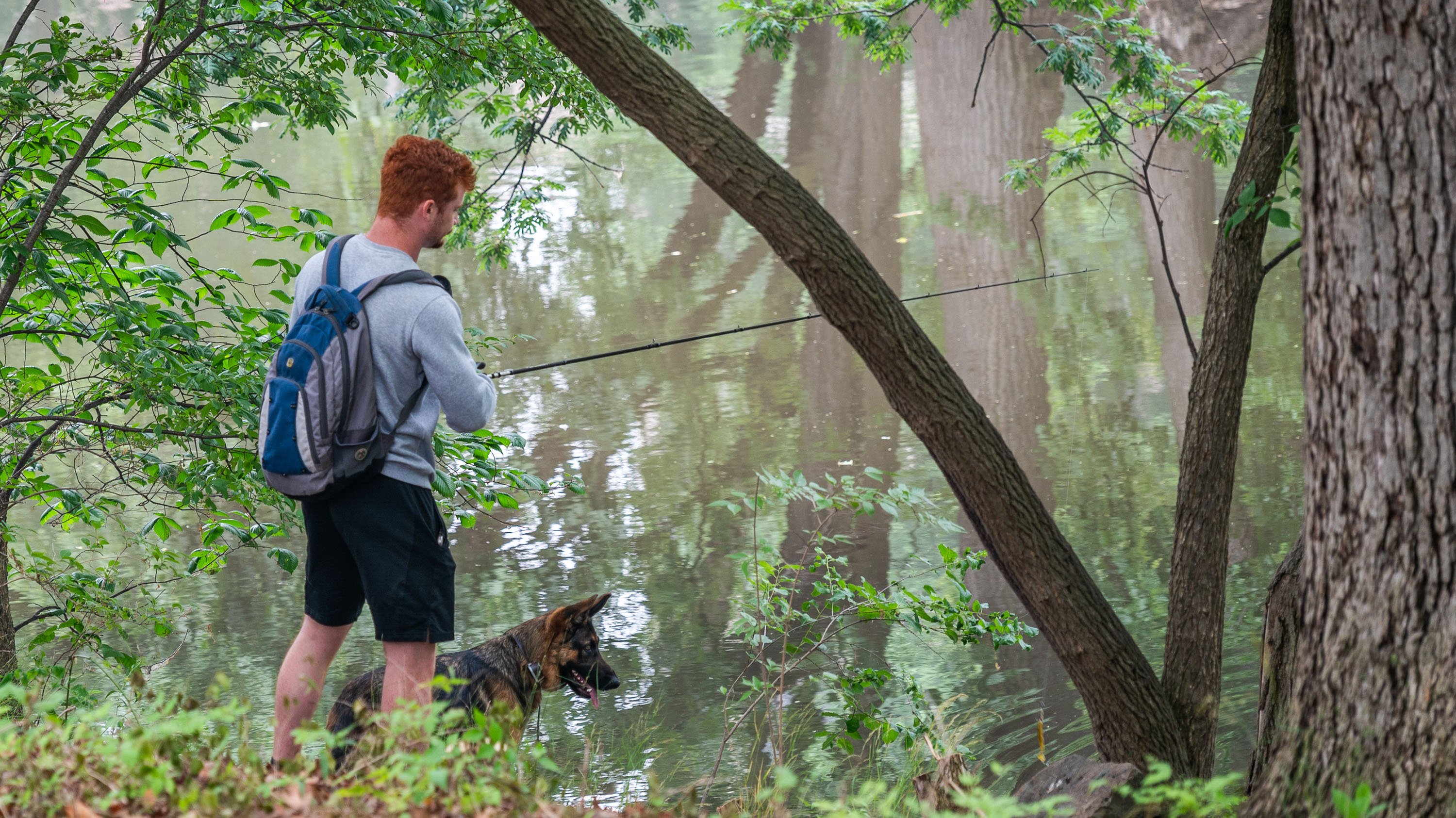 Man and dog fishing on Red Cedar river