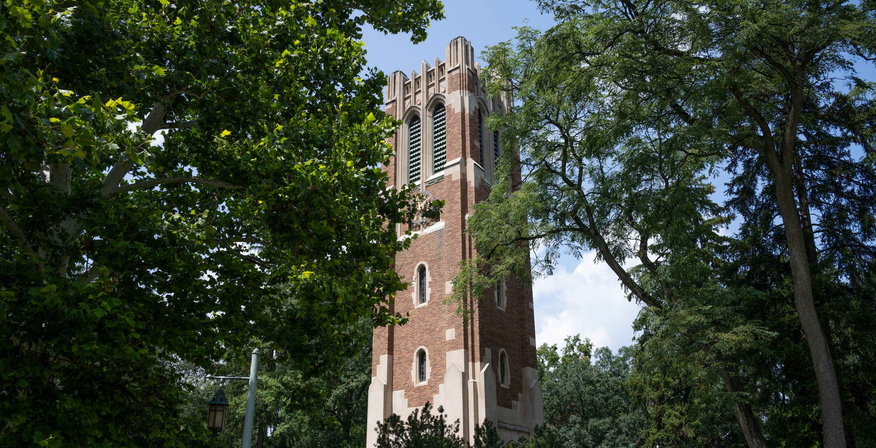 Beaumont Tower stands in the middle of two large trees on a summer day.