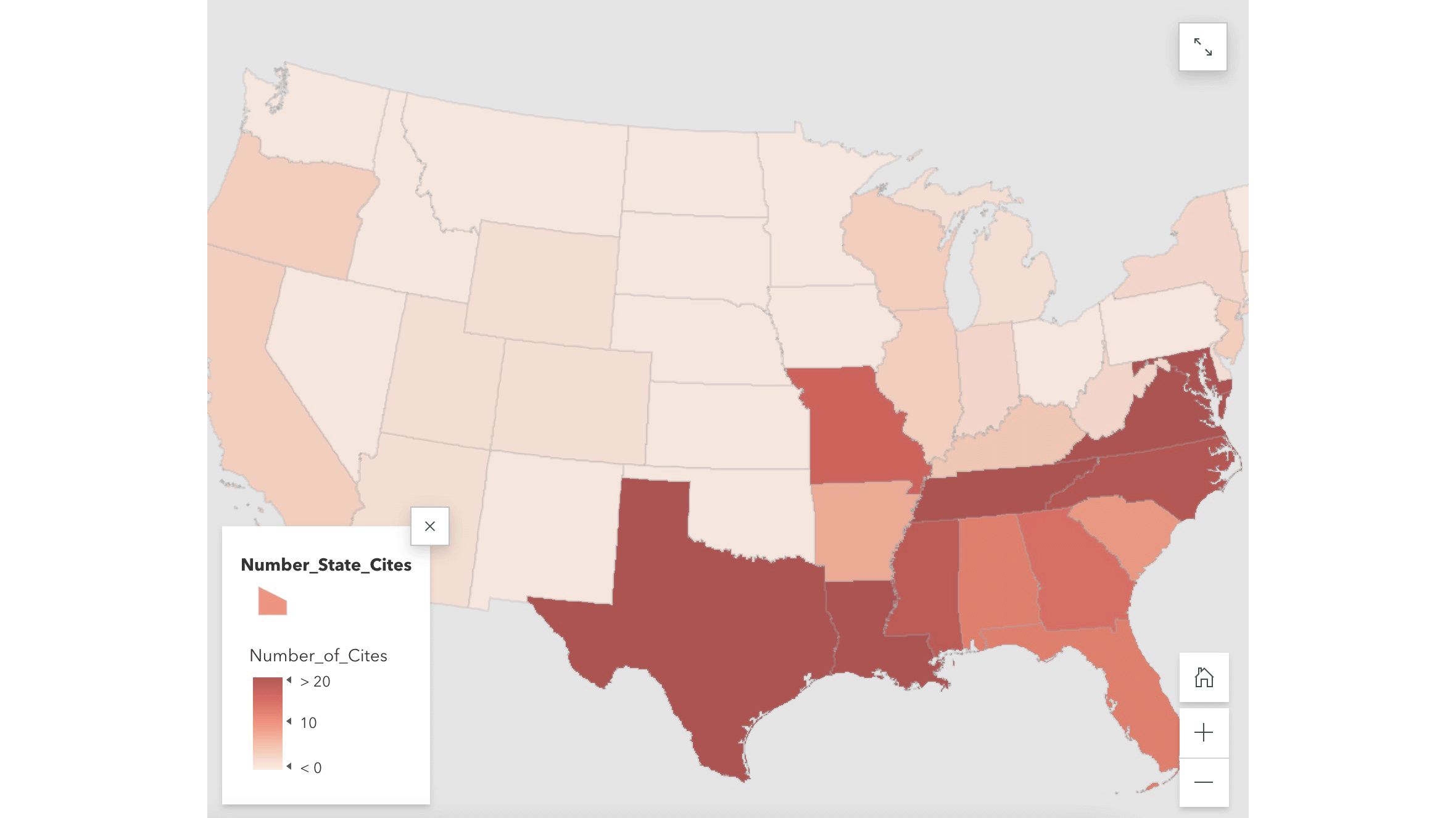 Image of US map showing ranges of cases cited in each state, with southern states having a higher rate than the rest of the country