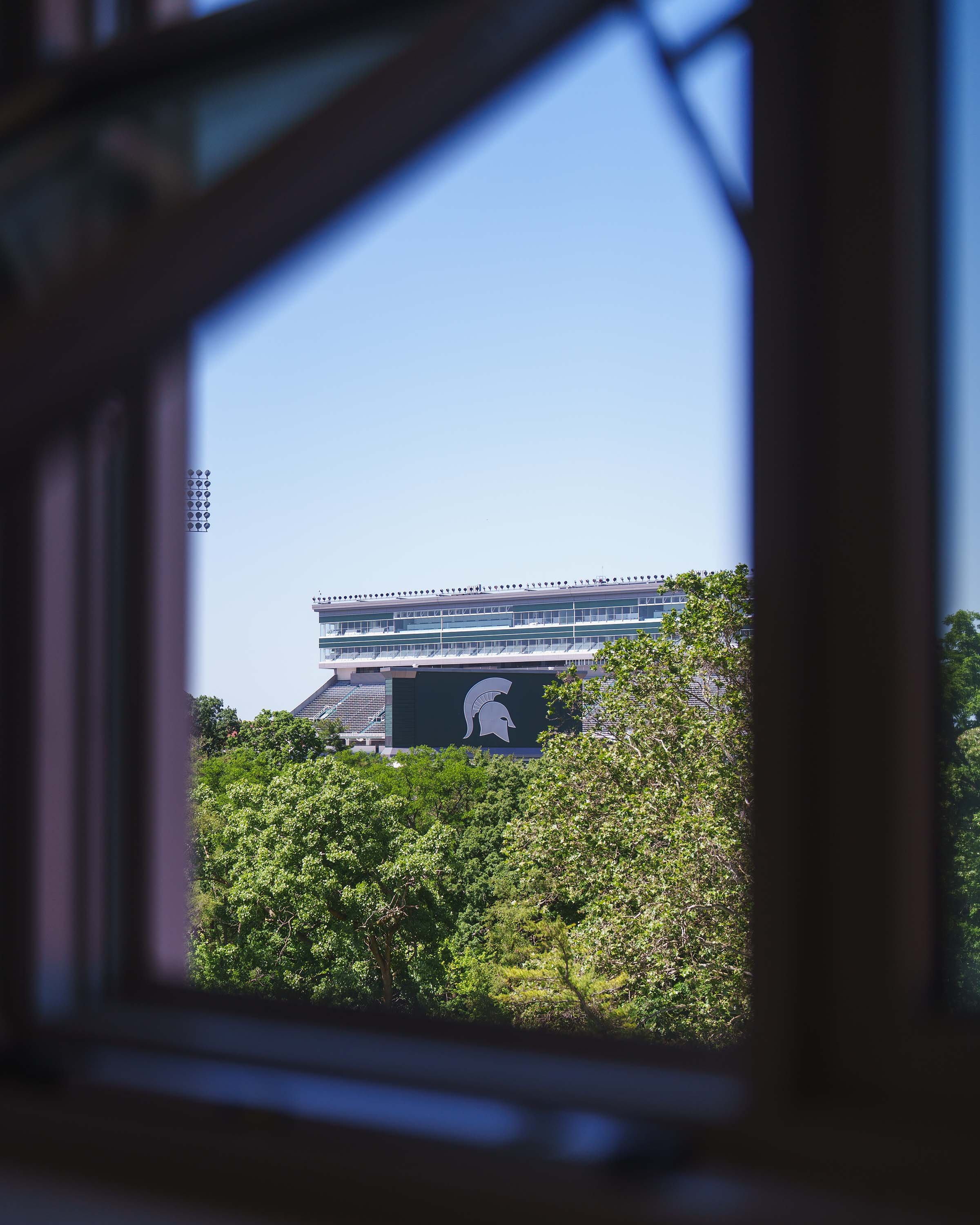 Spartan Stadium viewed through window