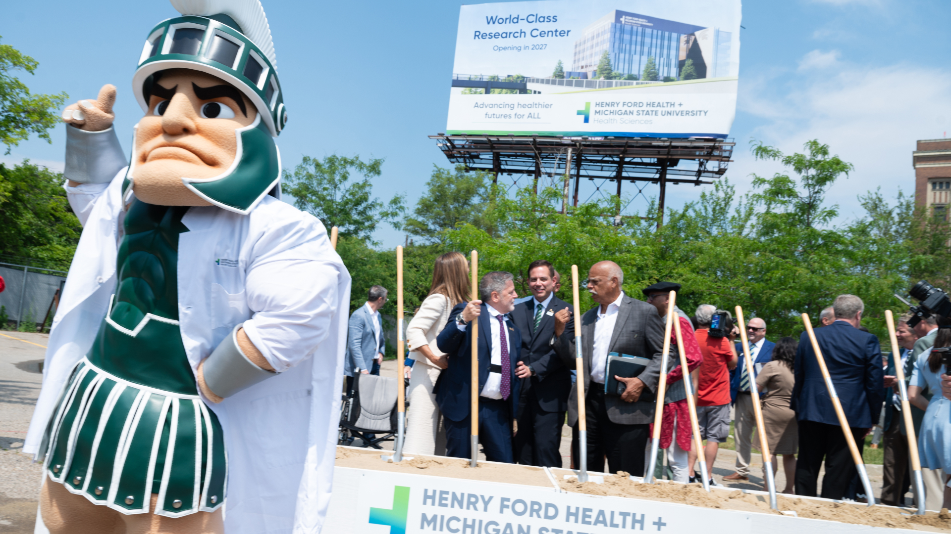 Michigan State University?s mascot, Sparty, was on site to celebrate the groundbreaking of the Henry Ford Health + MSU Health Sciences Research Center groundbreaking on June 17, 2024. Photo by Derrick Turner/Michigan State University. 