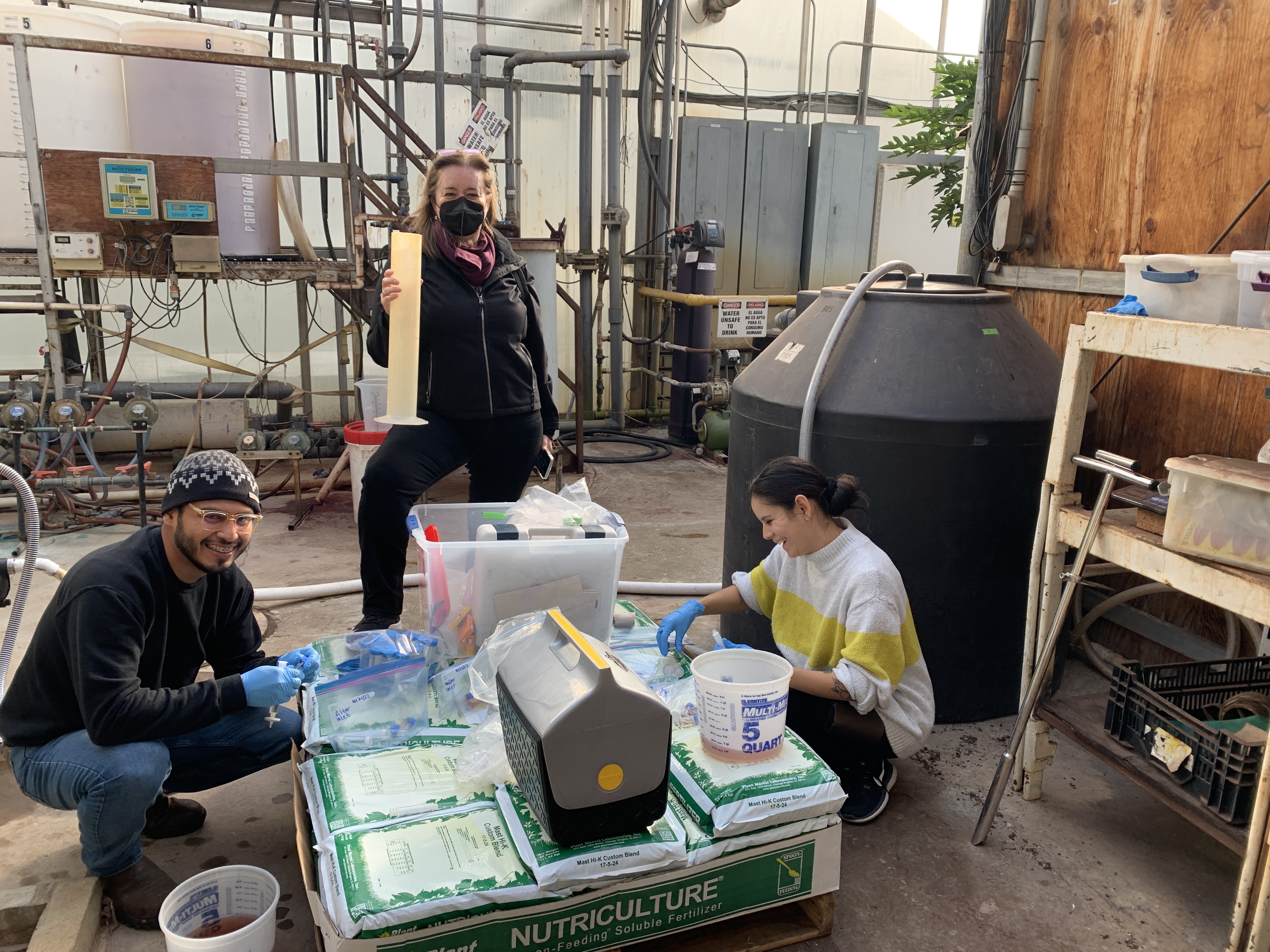Henry Gonzalez (graduate student, Horticulture), Dr. Gemma Reguera (professor, Microbiology, Genetics and Immunology), and Marcela Tabares (graduate student, Microbiology, Genetics and Immunology)