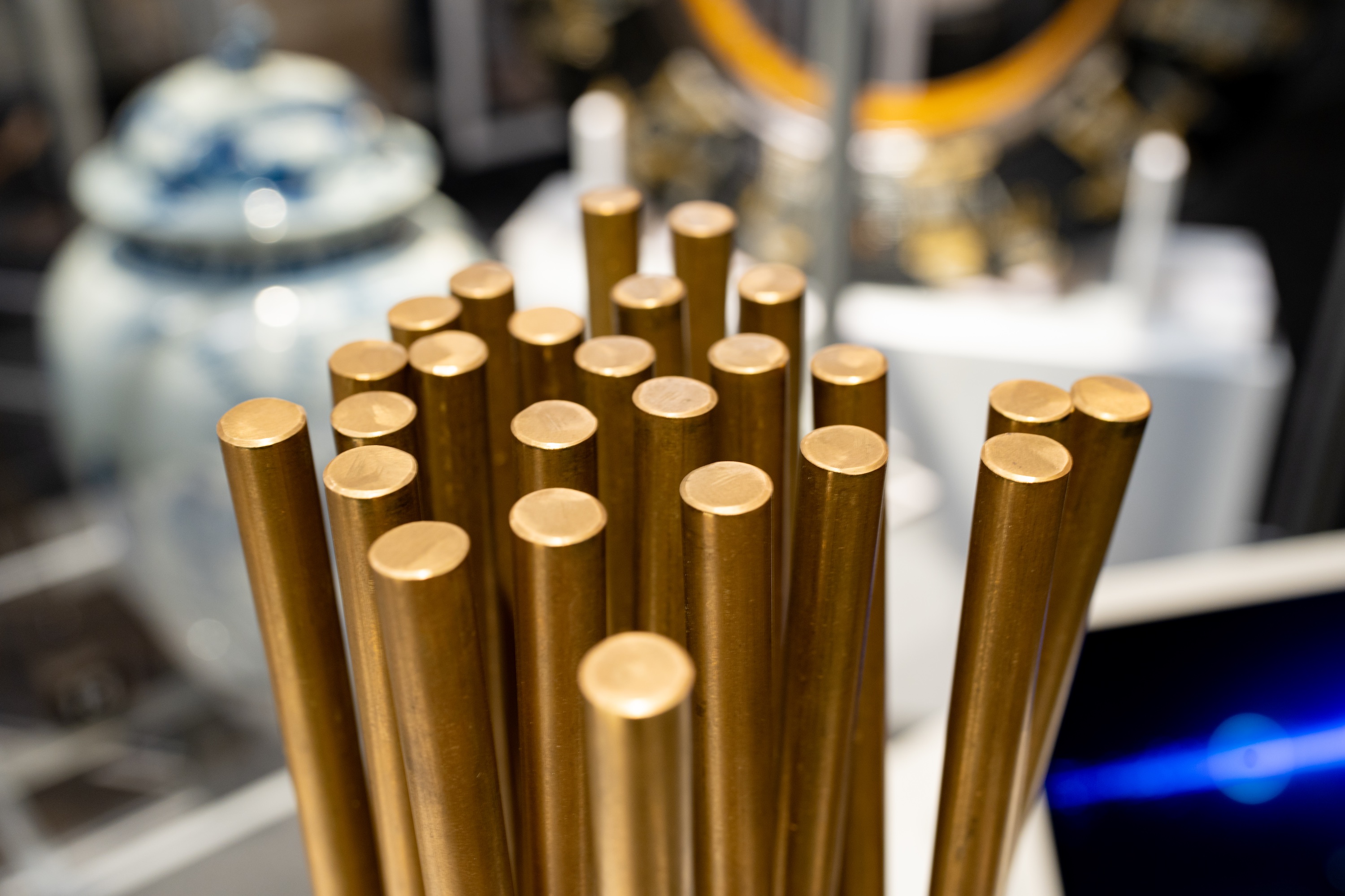 Copper rods bunched together at a sensory station in The CORE at the MSU Broad Art Museum, which allows users to 