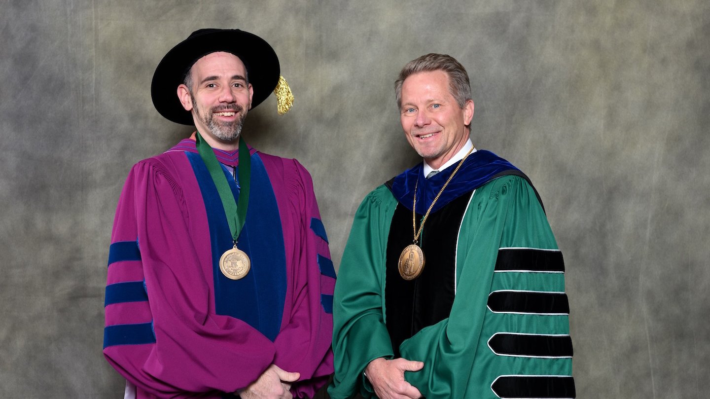 Endowed faculty member Richard Sadler with MSU President Kevin Guskiewicz.