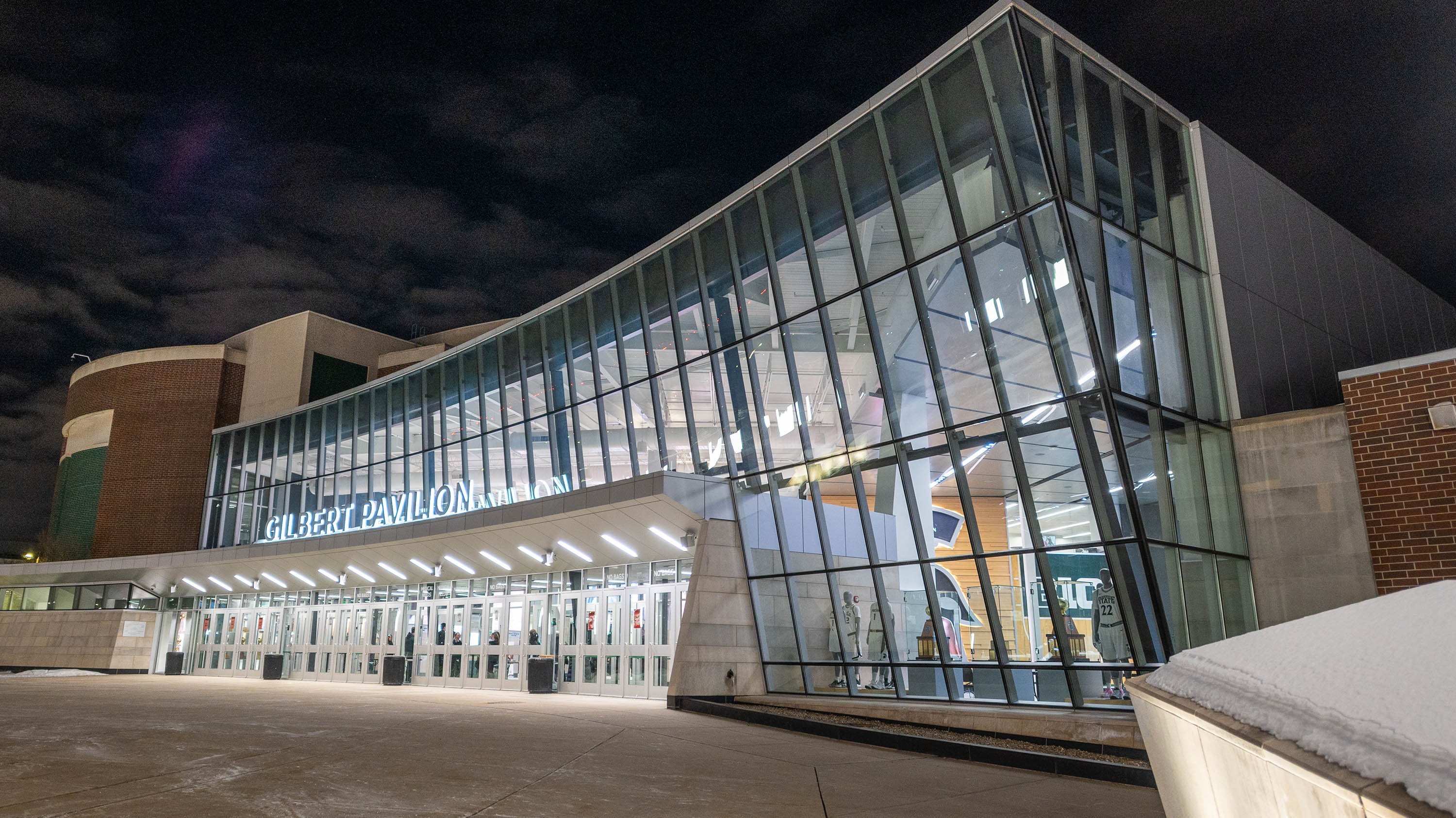 Breslin Center Gilbert Pavilion entrance at night