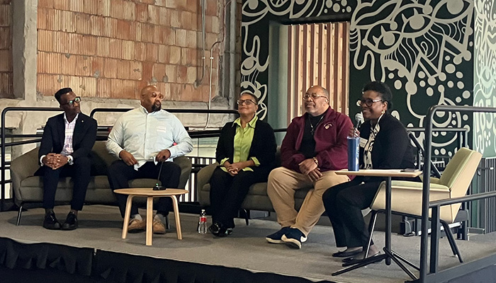 Mamba Hamissi, owner of award-winning restaurant Baobab Fare; Richard Grundy, co-founder and CEO of youth-centered tech education organization JOURNi; Tracey Patterson, president, and Randall Mosley, executive director, of nonprofit and community resource Perry Outreach Center