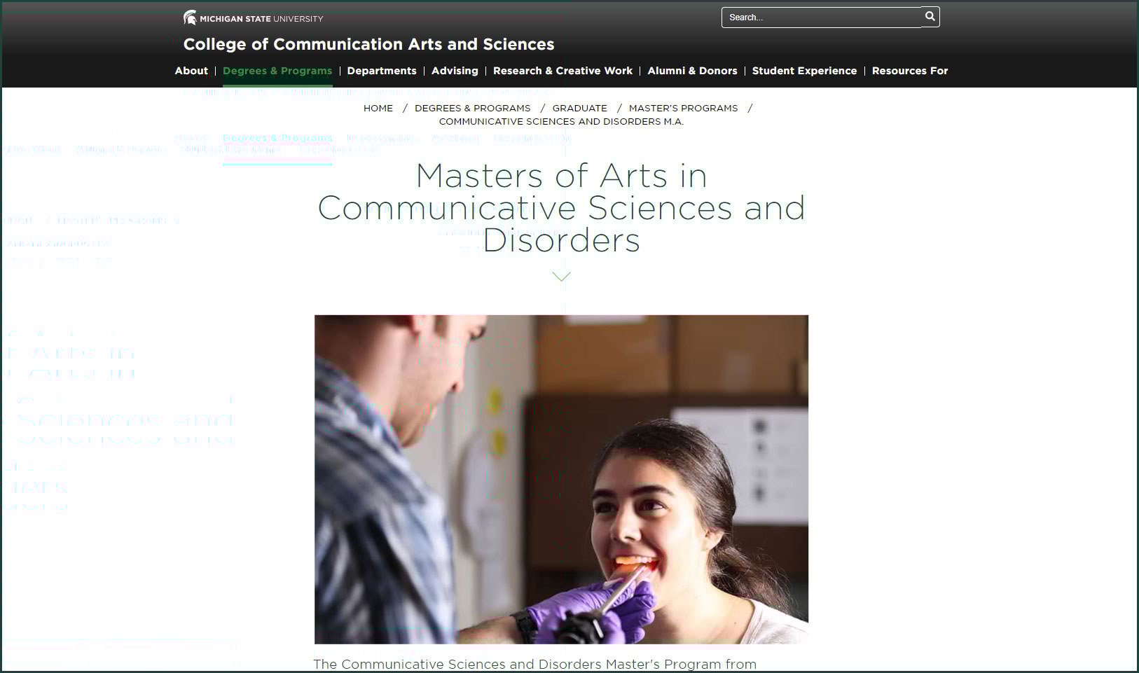 Screenshot of the masters in communicative sciences disorders home page that features an individual with their mouth open and a small lighted tool is being inserted by a gloved practitioner.