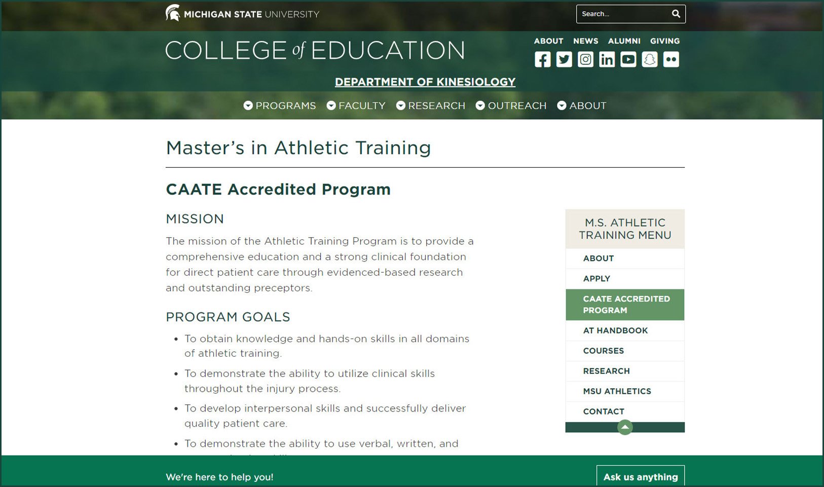 Screenshot of the masters in athletics training program homepage that features text placed on a white screen with green accent borders and features.