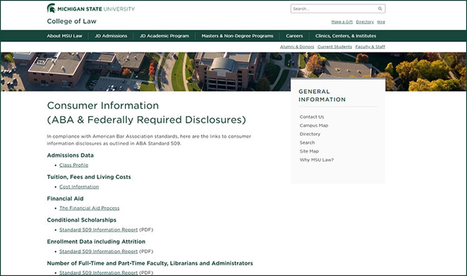 Screenshot of the school of law consumer information webpage featuring a bulleted list of information.