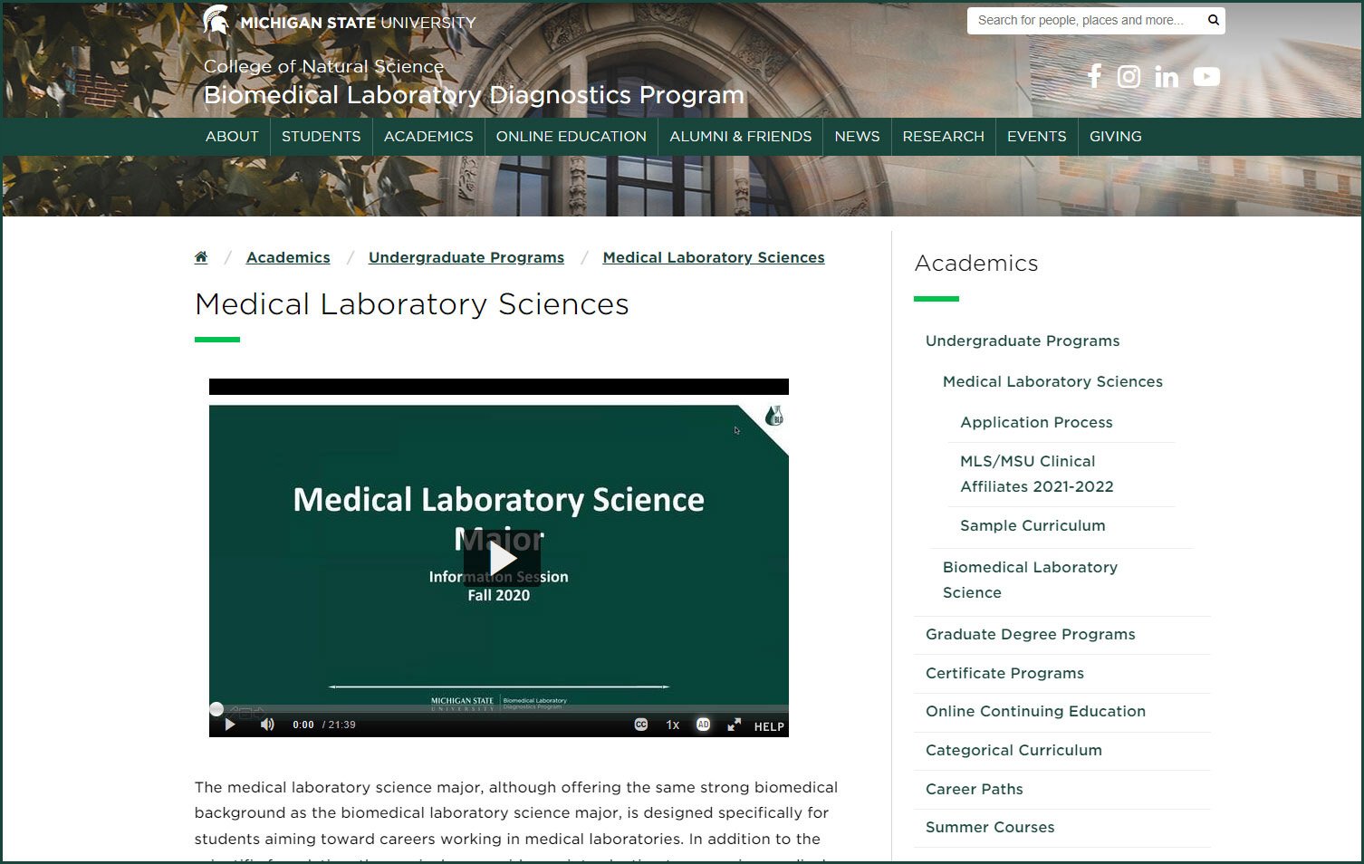 Screenshot of the medical laboratory sciences program homepage that features and large embedded video with the play button visible.