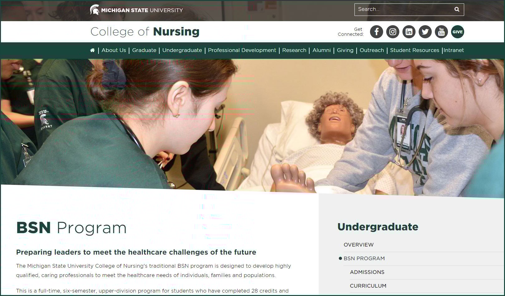 Screenshot of the BS in nursing program home page that features nursing students working over a dummy patient dressed in a smock and laying on a gurney.